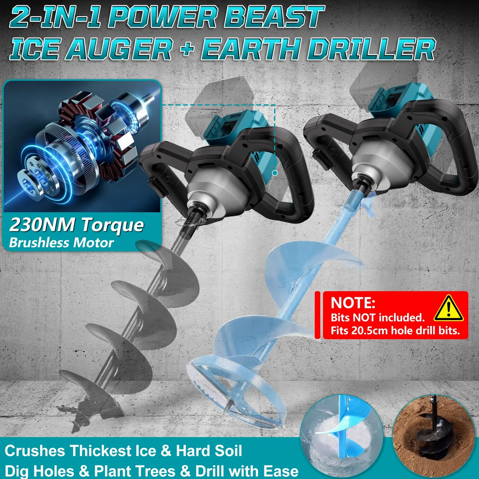 Akku Erdbohrer Kompatibel mit Makita 18V, 1200W Bürstenloser Motor Erdlochbohrer Professional Pfahlbohrer, für Zaunbau, Garten, Mörtelrührer (Ohne Batterie & Spiralkopf)