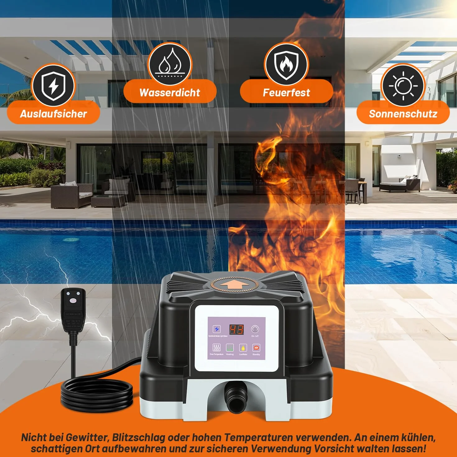 Poolheizung, 3KW Poolheizung Elektrisch mit FI-Schutz & Kippschutz, Digitalanzeige, Wasserdichtes Gehäuse, für Oberirdische Pools bis 3 m³, 32-38 mm Anschluss