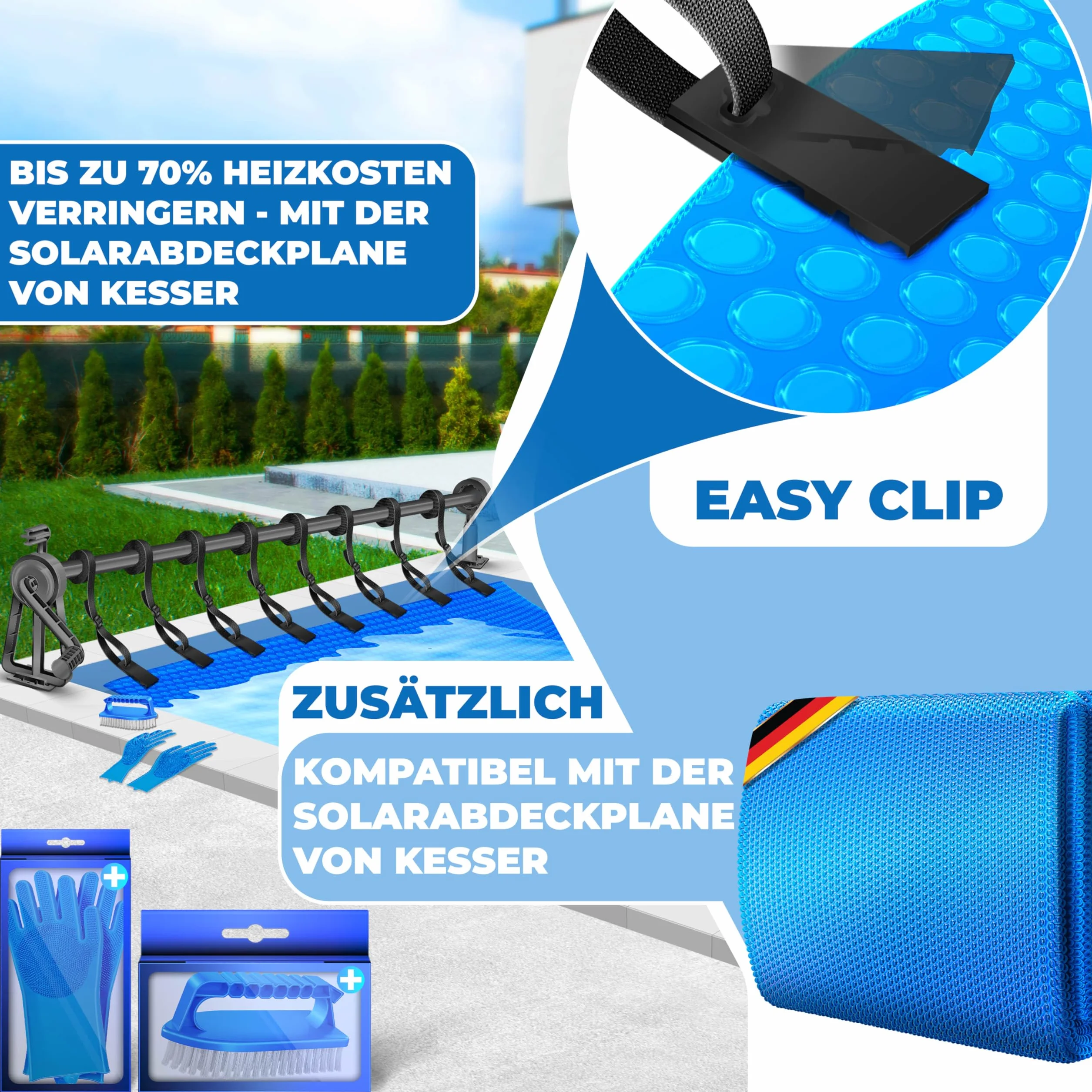KESSER® Pool Aufroller Premium Aufrollsystem 1,05m - 6,15 m für Solarplane | mobiles Aufrollvorrichtung für Poolplane & Abdeckung inkl. Bänder, Bürste & Handschuhe | witterungsbeständiges Material