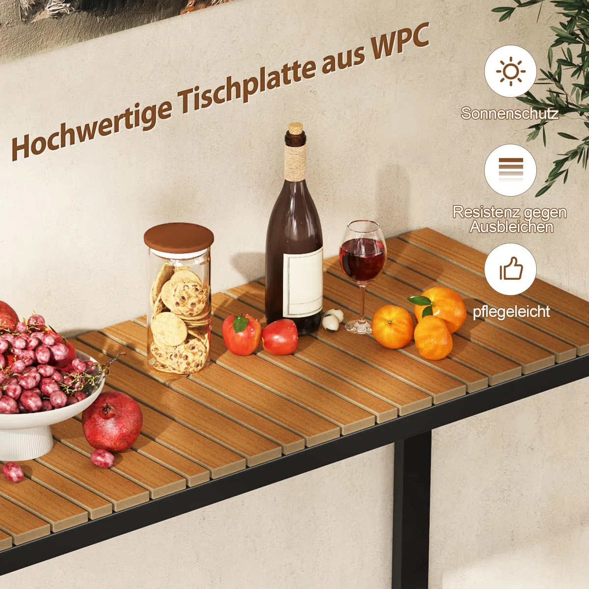 COSTWAY Gartentisch wetterfest, 129x42cm, Terrassentisch mit WPC-Tischplatte und Metallrahmen, rechteckiger Balkontisch, Outdoor-Esstisch für Balkon, Terrasse, Garten