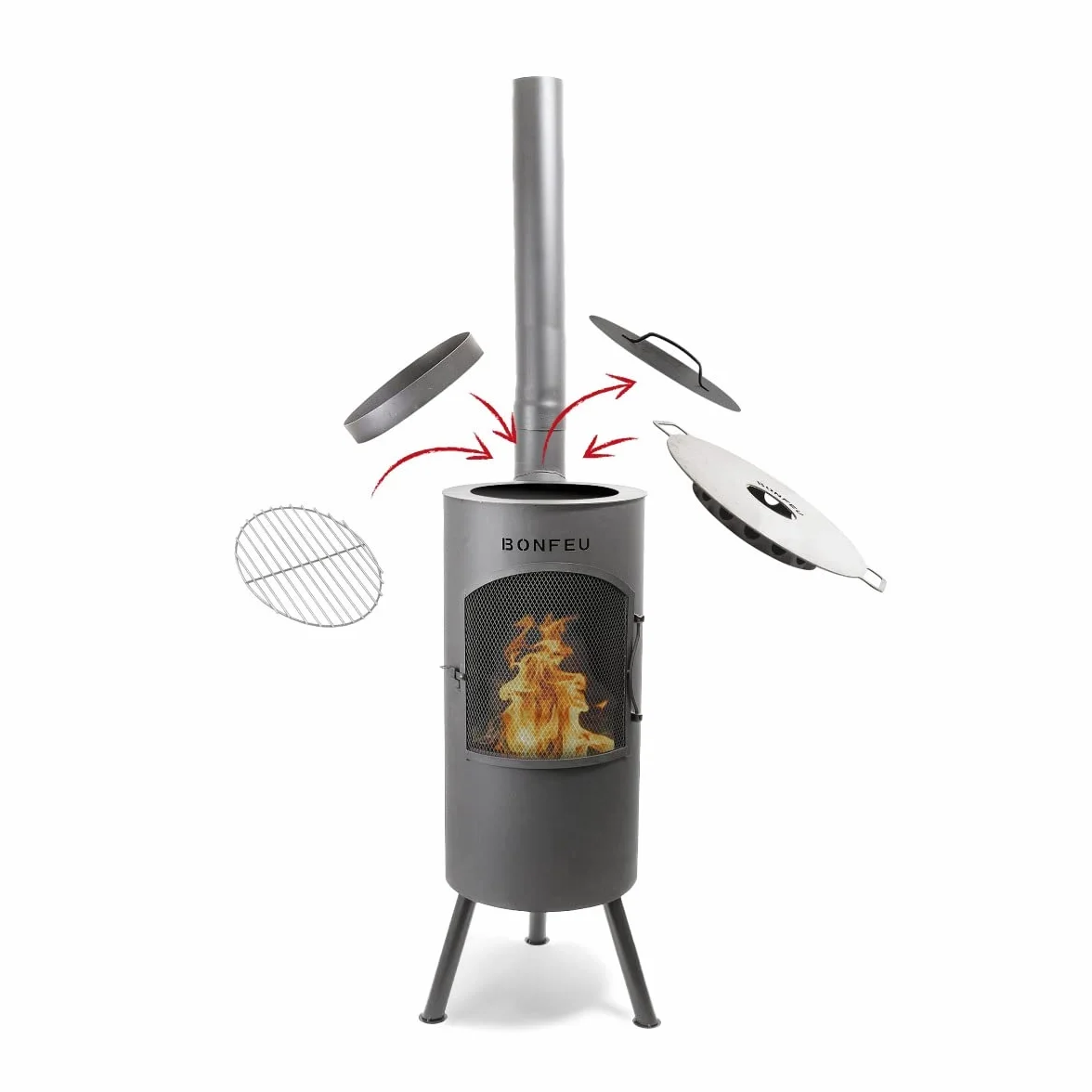 BonFeu BonTino LP Schwarz - Terrassenofen - Feuerstelle mit Funkenschutz für entspannte Abende - Feuersäule Outdoor - Terrassenkamin mit Grillrost - Gartenofen hochwertigem Cortenstahl - 35x35x153cm