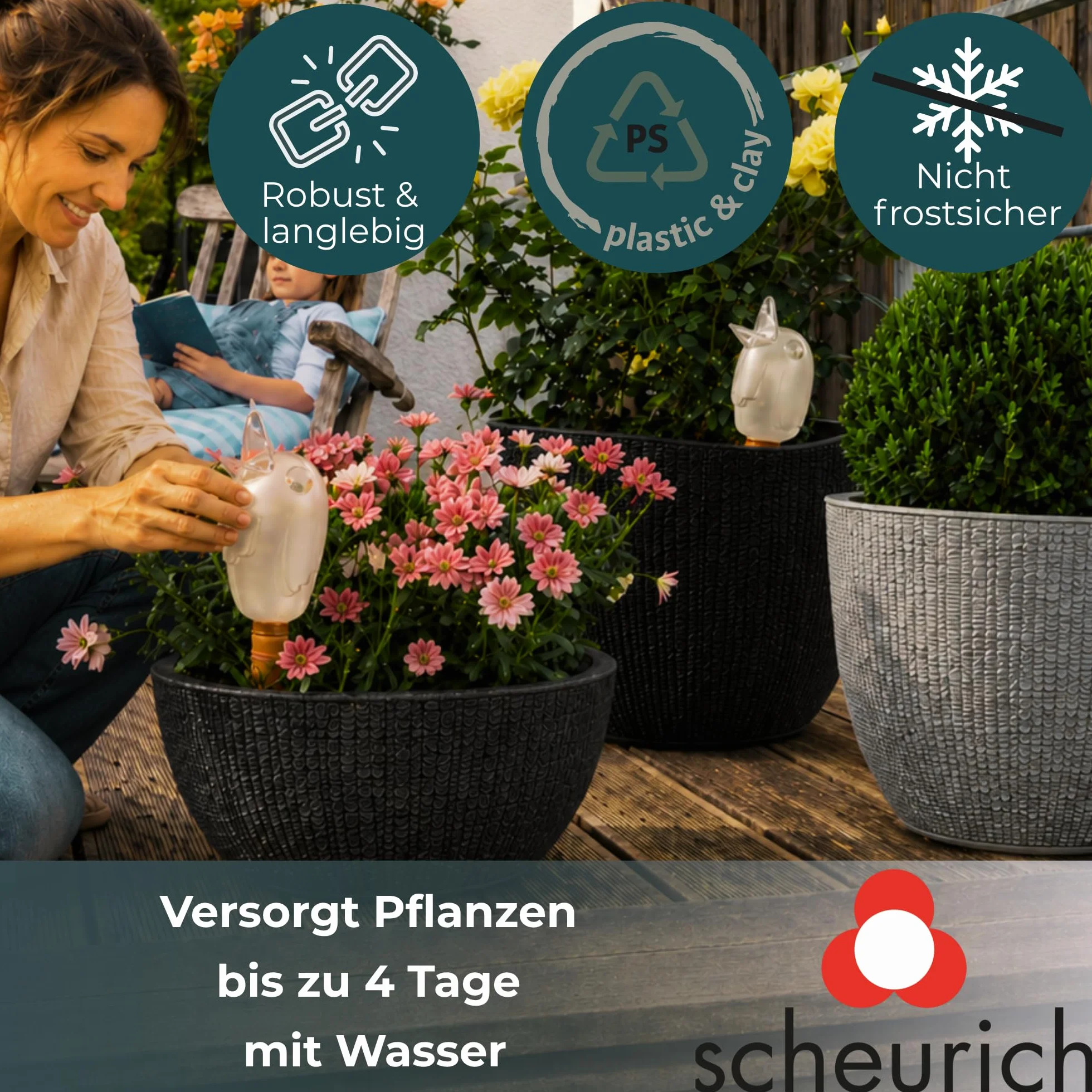 Scheurich Wasserspender Bördy M | 8 x Klar | 220ml Füllmenge | Bewässerungskugeln klein mit Ton Fuß | Wasserspender Pflanzen und Blumen Terrakotta Stiel