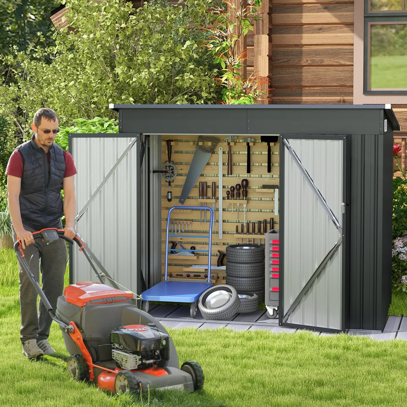 COSTWAY Gartenhaus Metall, 235 x 117 x 185 cm, Gerätehaus mit Vordertür & Seitentür & Pultdach, Geräteschuppen abschließbar, Gartenhütte Gartenschuppen, Garten Schuppen Outdoor (Dunkelgrau)