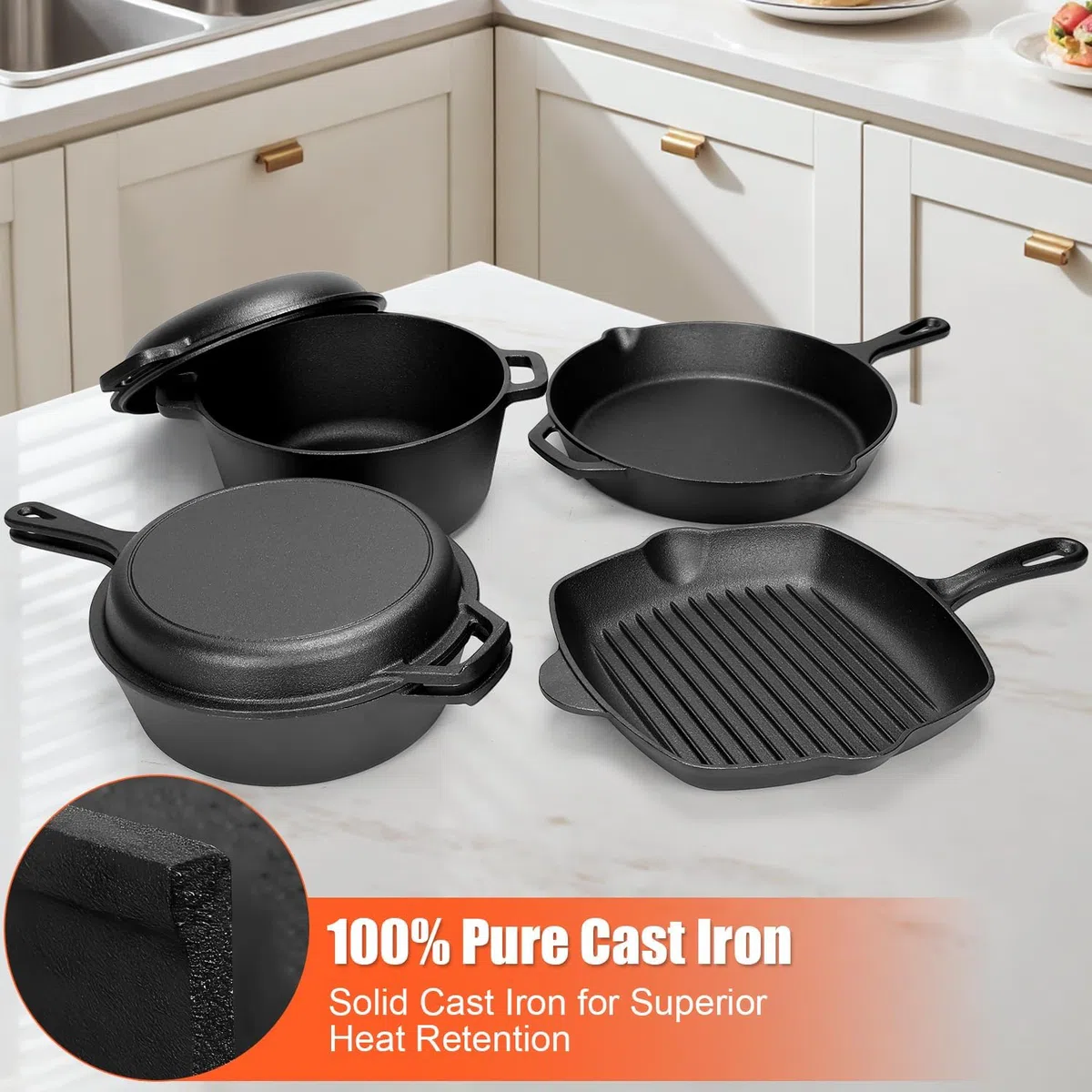 GFTIME Gusseisen Kochgeschirr Set 6-teilig mit 5 QT Dutch Oven & Deckel, 3,2 QT Schmortopf mit 1,6 QT Pfannen-Deckel, 28 cm Grillpfanne, 30,5 cm Bratpfanne, für Herd, Backofen, Grill & Camping