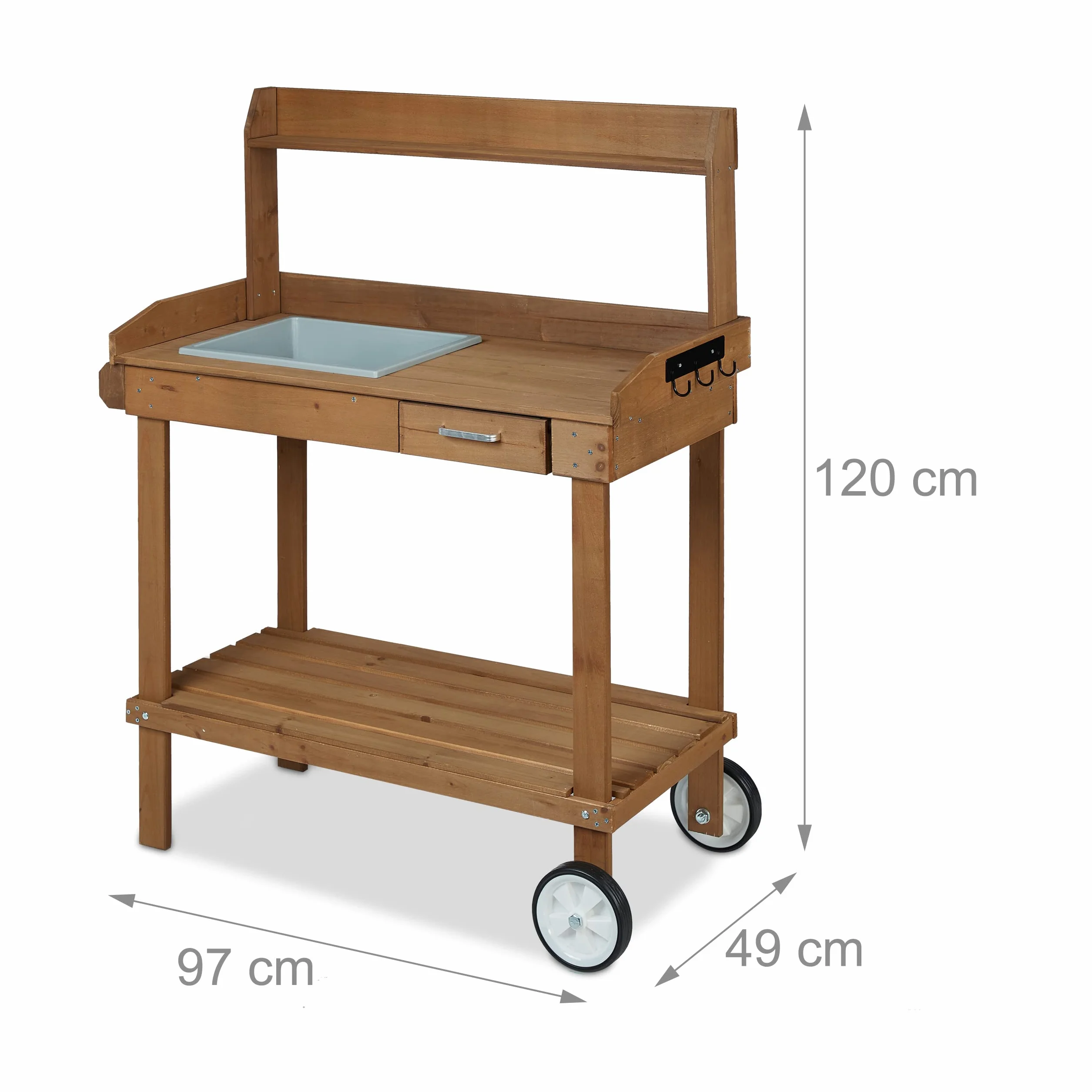 Relaxdays Pflanztisch mit Rollen, Wanne & Schublade, Holz, Kunststoff, HBT: 120 x 97 x 49 cm, Garten Arbeitstisch, braun