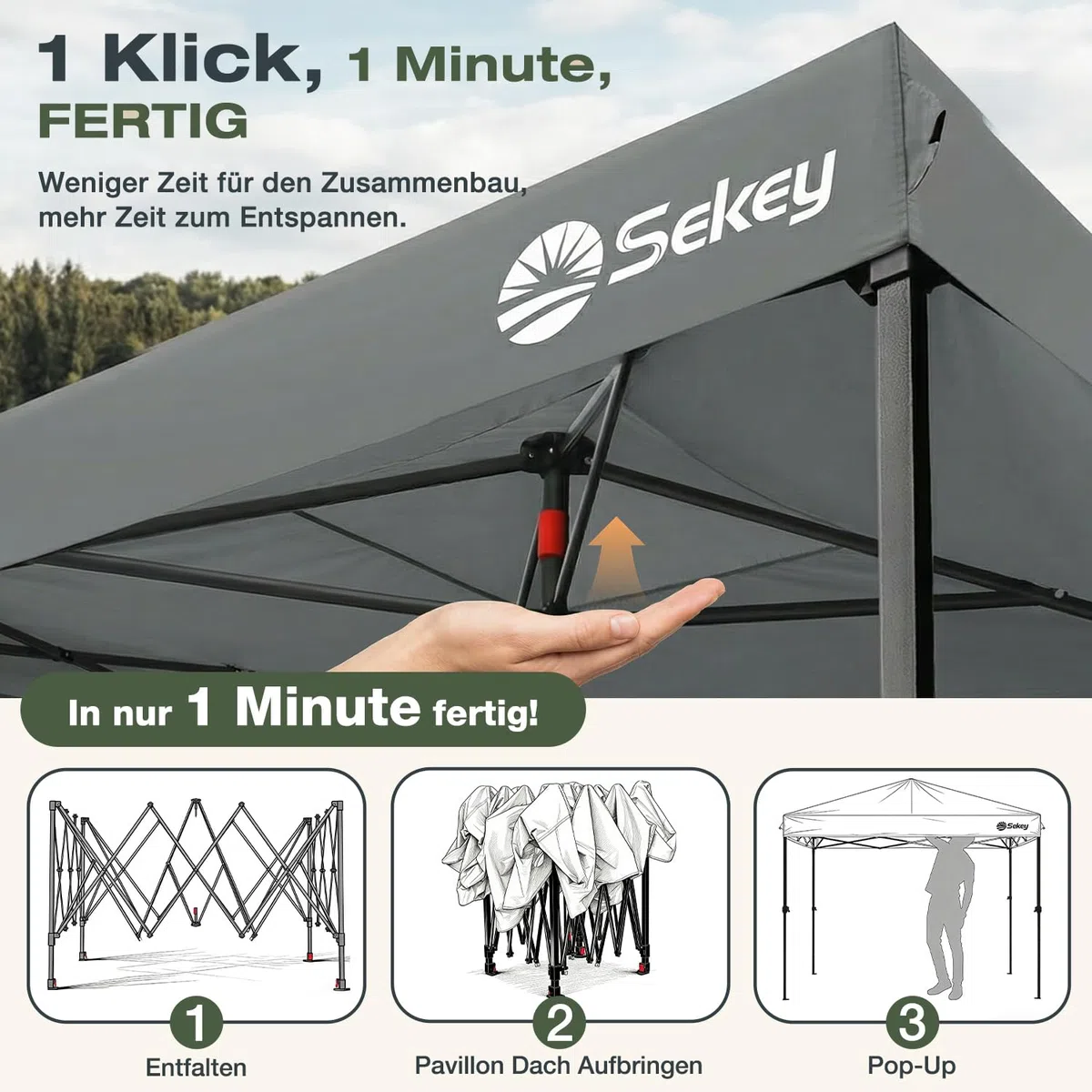 Sekey One-Touch Pop Up Pavillon 3x3 Wasserdicht Stabil Winterfest, Faltpavillon 3x3m mit Verdickten Röhren, Partyzelt Pavillion Klappbar für Camping Festival Party, Premium Serie 3x3, Anthrazit