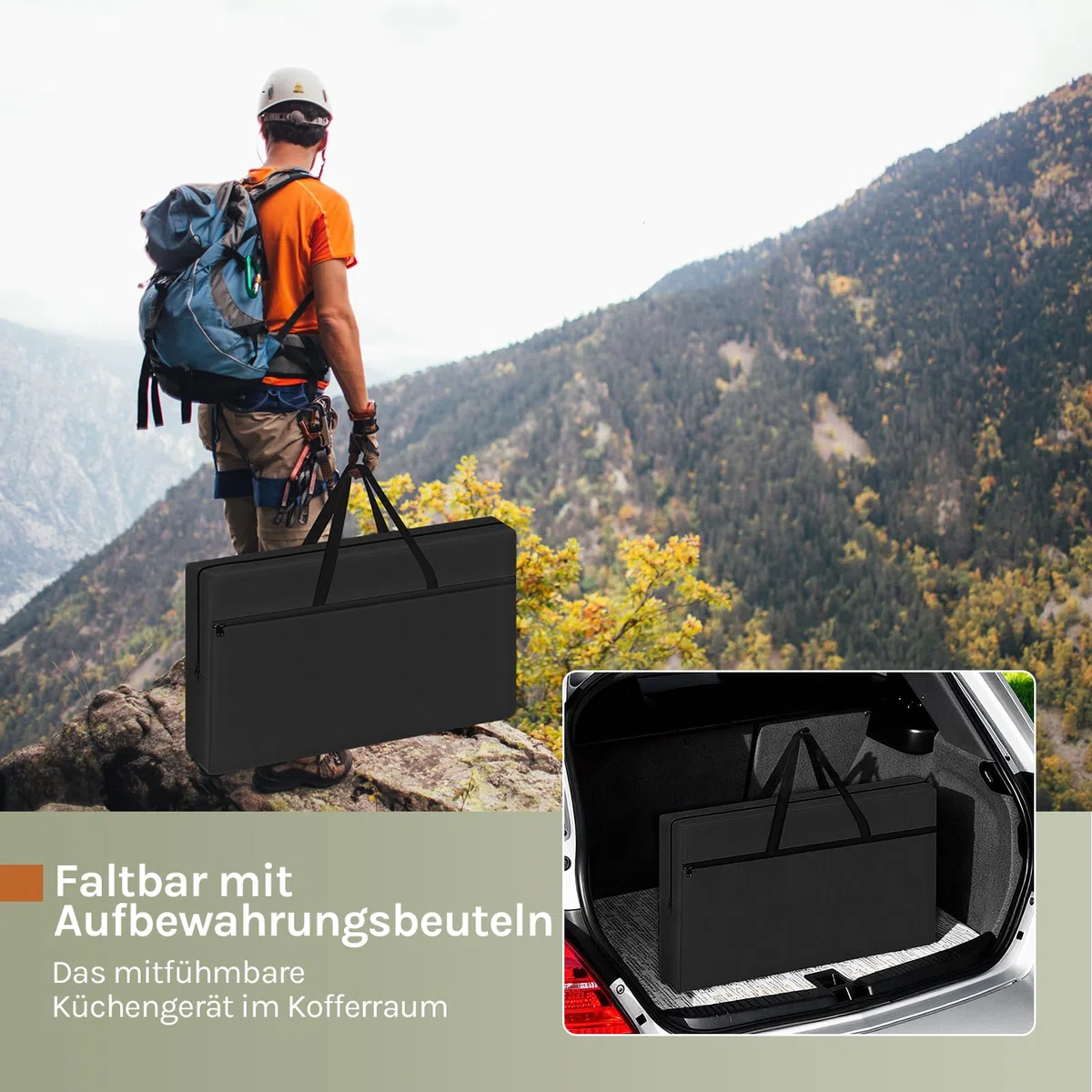 WOLTU Campingküche, Campingschrank faltbar, Outdoor Küche mit Arbeitsplatten Staufächern, Camping Tisch, Reiseküche, inkl. Tragtasche, Aluminium MDF, Schwarz
