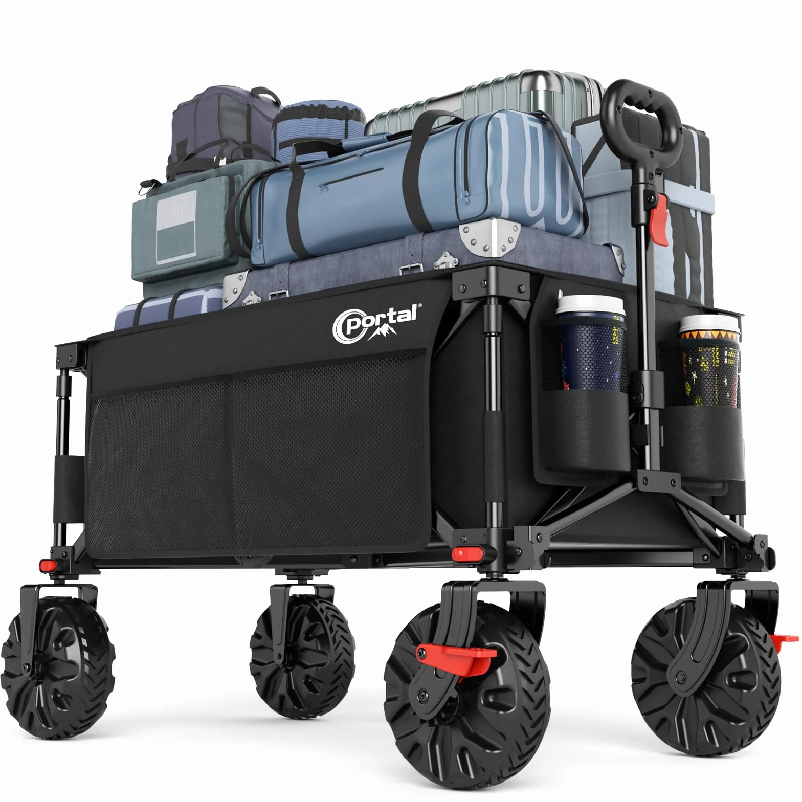 Portal Bollerwagen faltbar größe Reifen mit Bremse Klappwagen Handwagen klappbar mit Seitentasche Faltwagen Gartenwagen Transportwagen für Alle Gelände Camping Strand Einkaufen 150kg Belastbarkeit