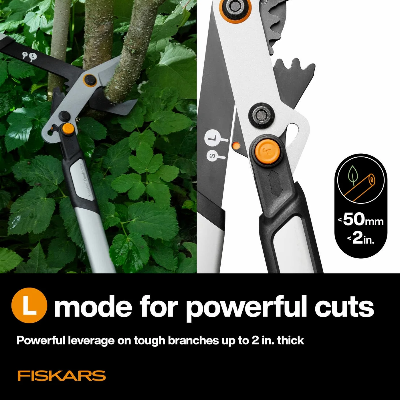 Fiskars X-series DualAction Astschere Bypass LX108, 2-in-1-Modus für schnelle oder kraftvolle Schnitte, Antihaftbeschichtete Stahlklingen/Leichte Aluminiumarme mit SoftGrip, Schwarz/Orange, 1080133