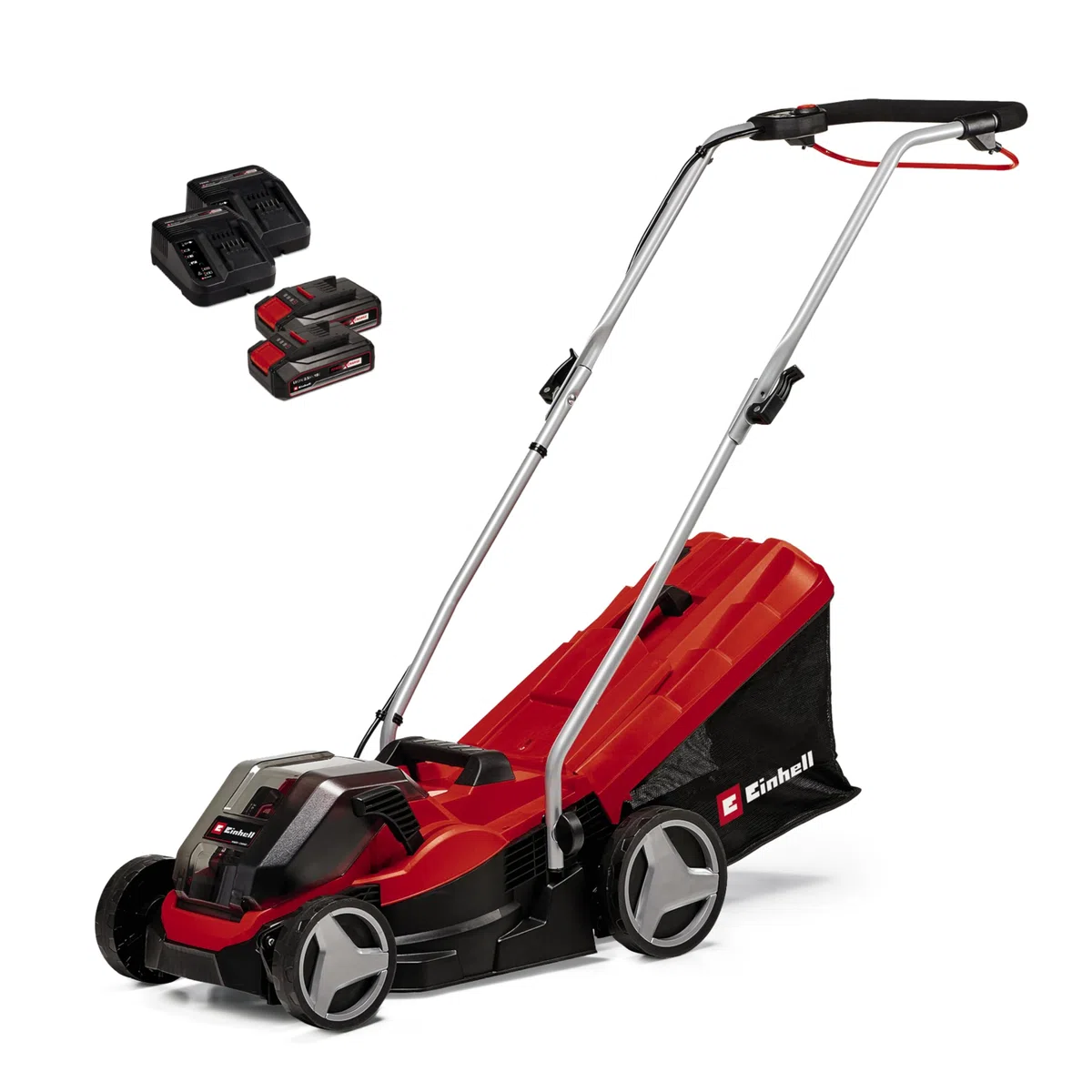 Einhell Akku-Rasenmäher GE-cm 36/33 Li Kit Power X-Change (36 V, 33cm Schnittbreite, bis 250 m², 30L Fangkorb, 25-65 mm Schnitthöhe, inkl. 2X 2,5 Ah Akkus + 2X Ladegeräte)