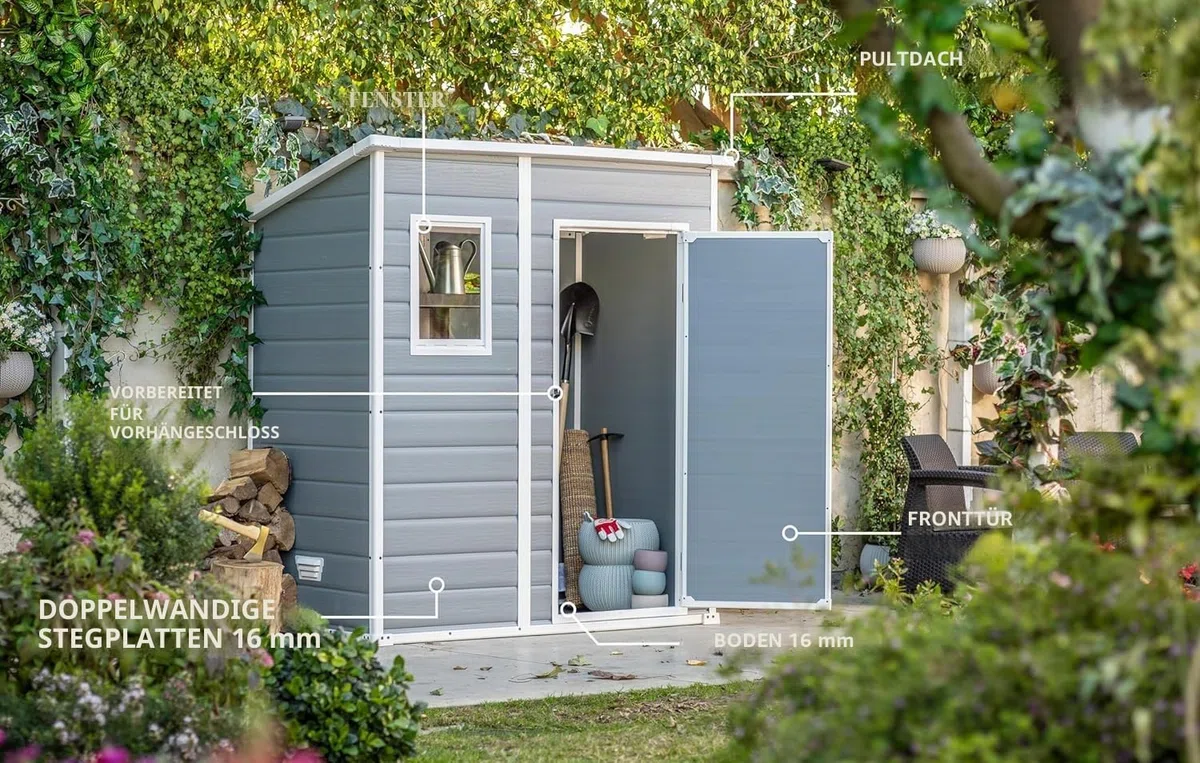 Keter Manor Pent 6x4 Gartenhaus wetterfest, Kunststoff, Outdoor, Außenmaße: BxTxH:183.5 x 111 x 200.5 cm, Innenmaße: 168.5 x 97 x 154 cm, grau