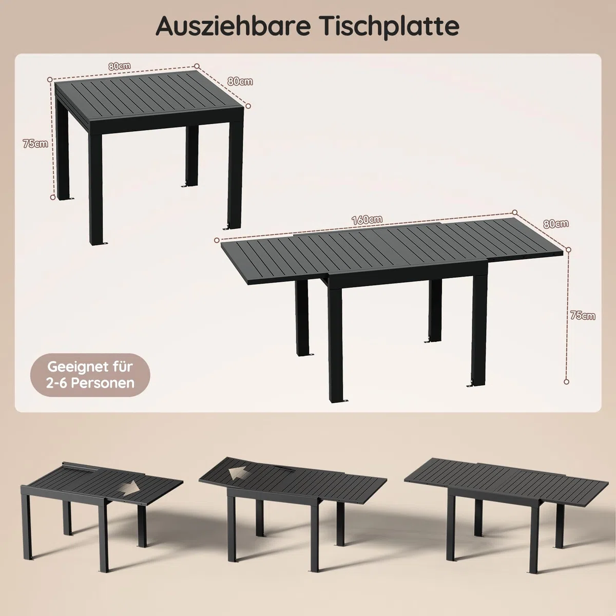 Devoko Esstisch Ausziehbar，80/160 x 75cm Gartentisch Ausziehbars, Aluminium Balkon Ausziehtisc, Gartentisch Wetterfest,ausziehbar auf 160cm, Outdoor Esstisch, Dunkelgrau