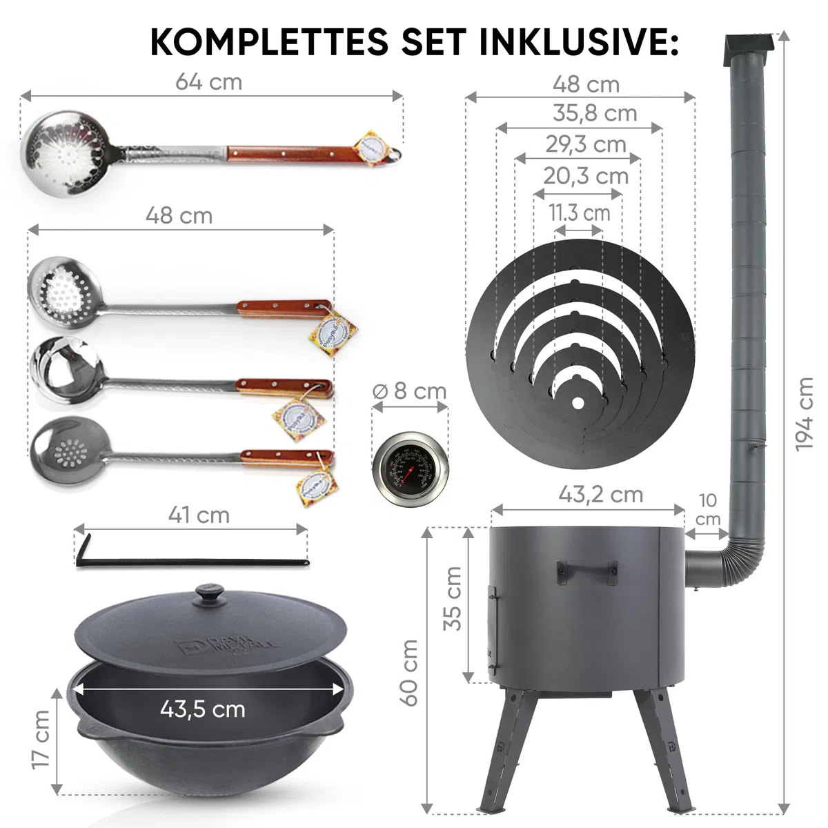 Feuerofen Ø 44cm Herdplatte Ø48 cm Kazan Ø 46,5 cm (16 L) runder Boden Thermometer Schornsteinverlängerung 2Schaumlöffel Schopfkelle 48 cm Schaumlöffel 64 cm (Set - 572)