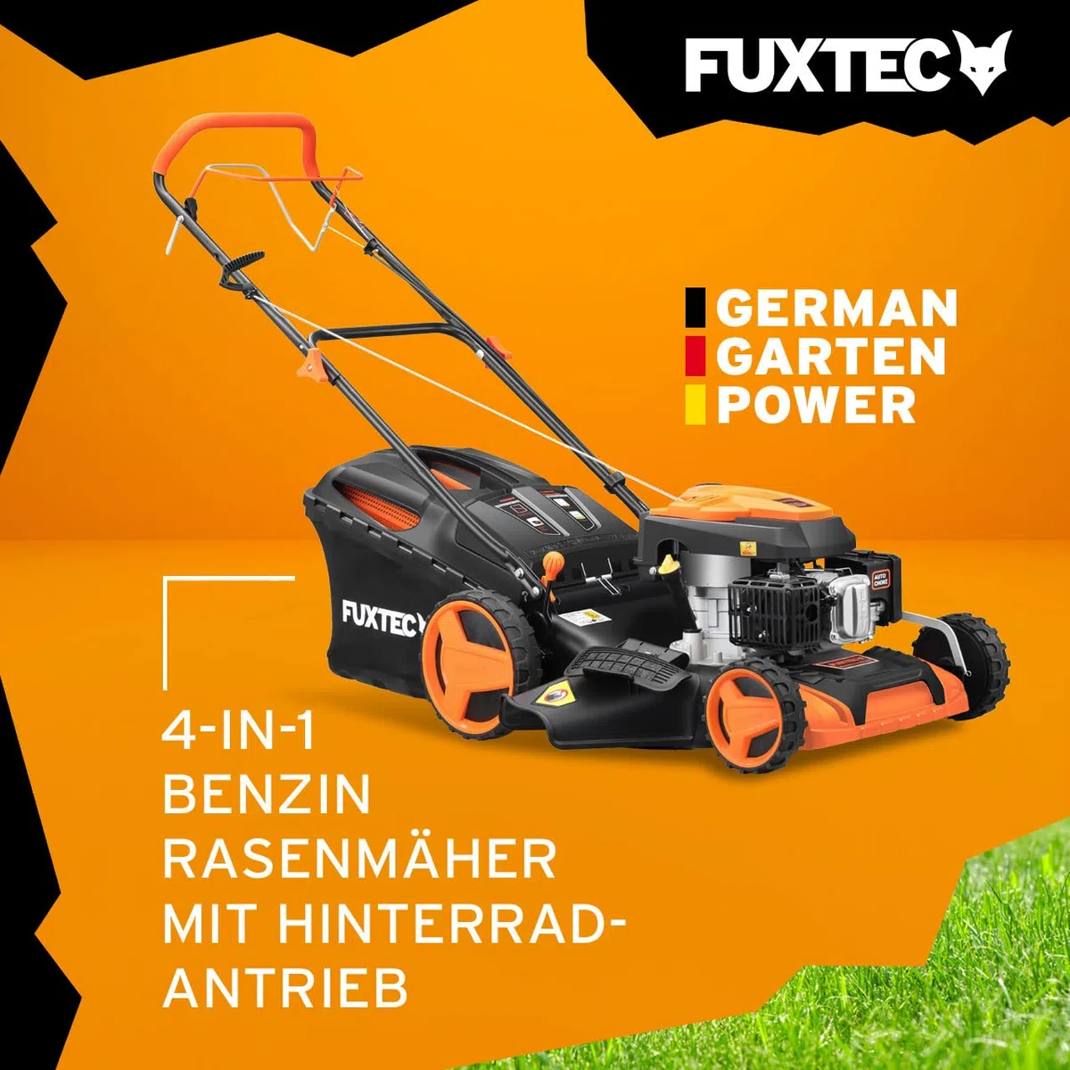 FUXTEC 4in1 Benzin Rasenmäher FX-RM5196 • 6 PS • 196 CCM 4-Takt Motor • Rasenmäher mit Antrieb & 51 cm Schnittbreite • Mulchmäher mit Seitenauswurf • 60L Fangkorb • EasyClean