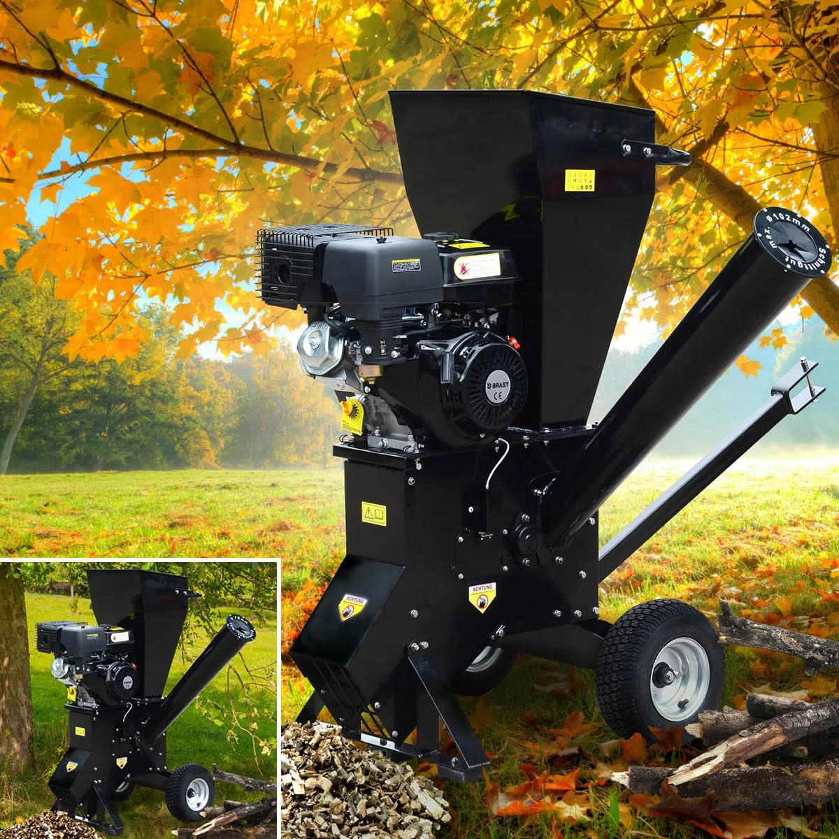 BRAST Häcksler Schredder Gartenhäcksler Benzin | 5,2kW(7PS) - 11kW(15PS) | 2 Modelle | TÜV geprüft | Aststärke bis zu 102mm | 2 Messersysteme mit 22 Messer | Deichsel & Griff