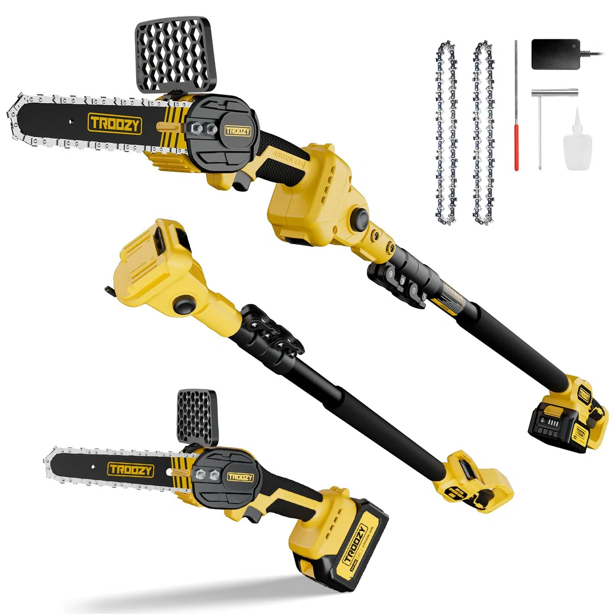 Mini Kettensäge 2-IN-1 Hochentaster, Akku 3000mAh Bis Zu 100min, Brushless Motor, Astschere Teleskop Elektro (6Zoll/15cm, 21V, bis 4,57m), Mit 9 Neigung, Elektrische Astsäge Mit Teleskopstiel