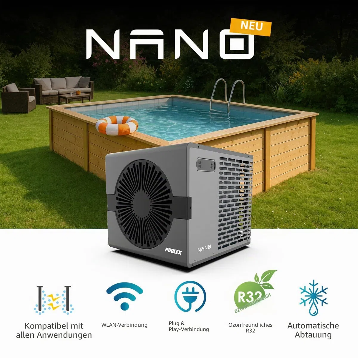 POOLEX – Nano 3 kW Wi-Fi-Wärmepumpe mit intelligenter automatischer Enteisung für kleine kompakte Pools: Aufstell-, teilversenkte, eingelassene oder Holzpools. Leise und reversibel.