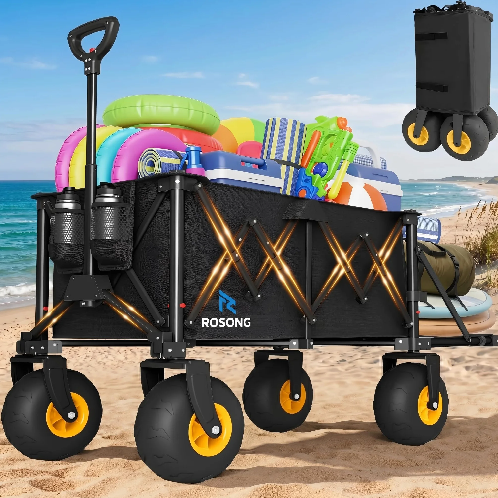 ROSONG Bollerwagen Faltbar, Klappbarer Bollerwagen Strand Mit Heckklappe, Strandwagen mit Breiten Reifen für Sand, Transportwagen für Garten Camping Familie Schwarz