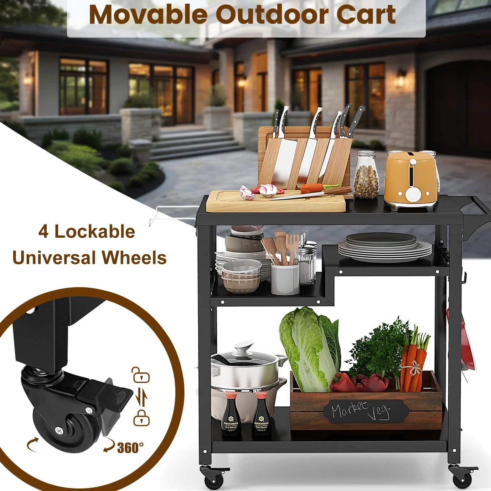 KOMFOTTEU Servierwagen Grillwagen Metall, Garten Rollwagen mit Arbeitstisch, 4 Ablagen & Griff, Grilltisch Grill Trolley inkl. 6 Haken & Müllbeutelhalter, Küchenwagen für BBQ Outdoorküche, Schwarz