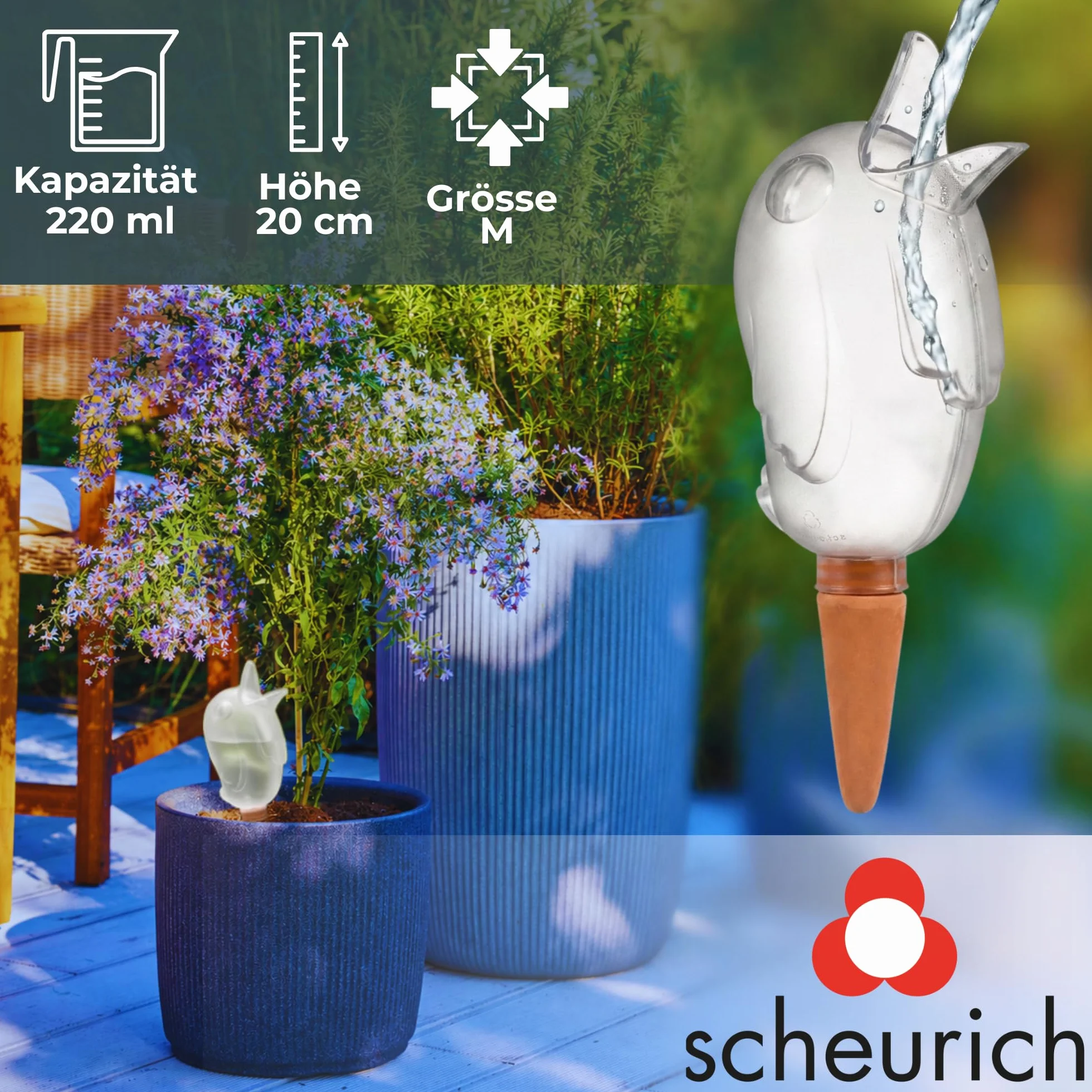 Scheurich Wasserspender Bördy M | 8 x Klar | 220ml Füllmenge | Bewässerungskugeln klein mit Ton Fuß | Wasserspender Pflanzen und Blumen Terrakotta Stiel