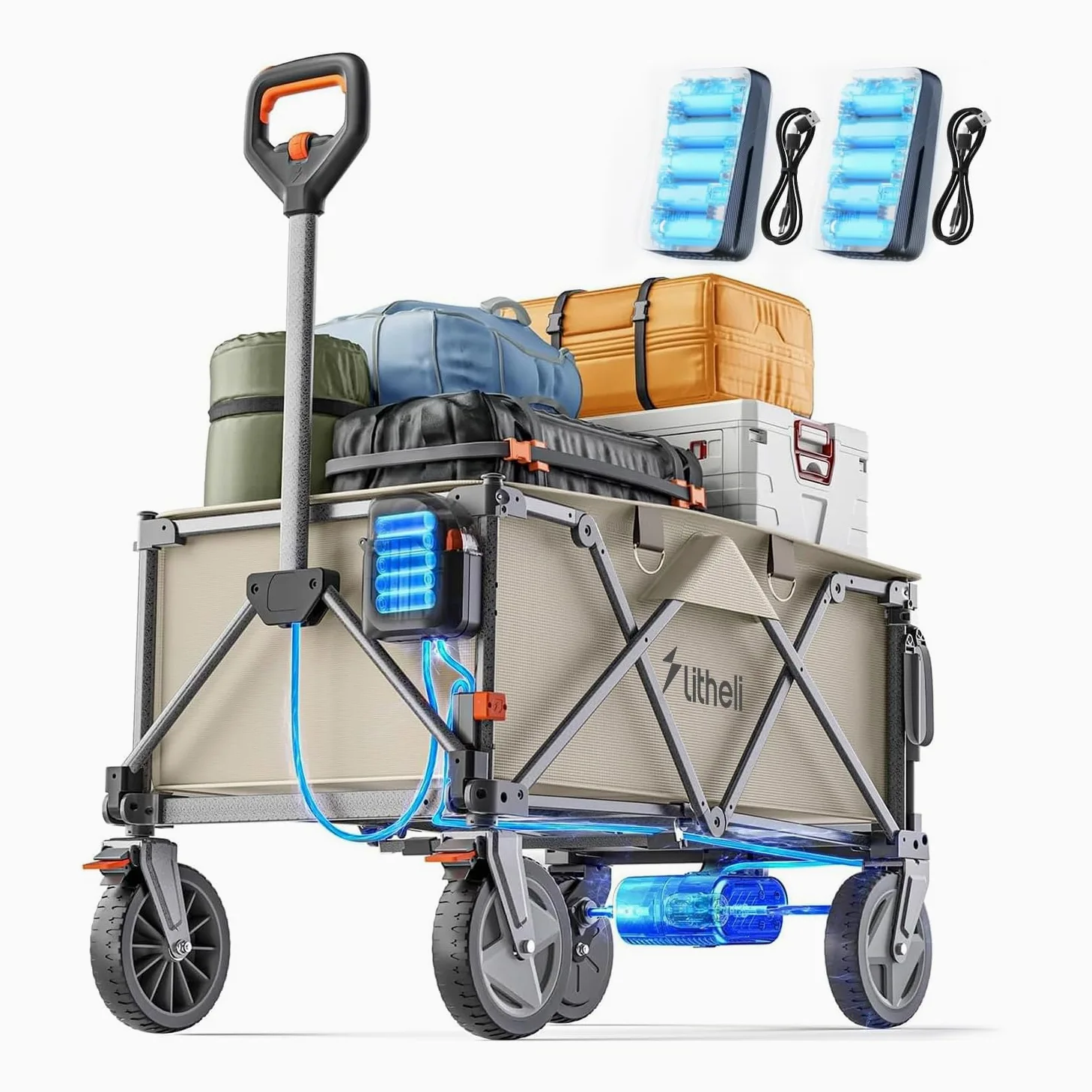 Litheli Elektrowagen Bollerwagen faltbar, Handwagen faltbar mit Motor & Bremsen, 200L 60KG geeignet für Camping, Garten, Strand, Einkaufen (Beige, W1 pro mit 2 Batteries)