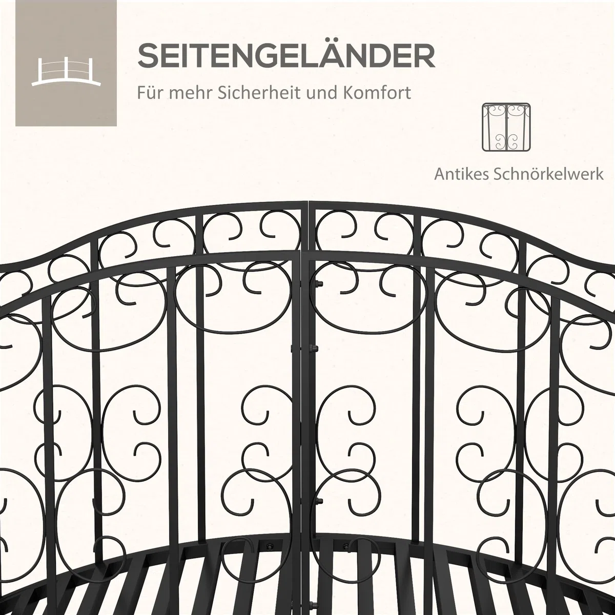 Outsunny Gartenbrücke Stahl 1,19 m Teichbrücke mit Geländer Zierbrücke mit Blumenmuster Dekobrücke bis 120 kg für Balkon, Terrasse, Schwarz
