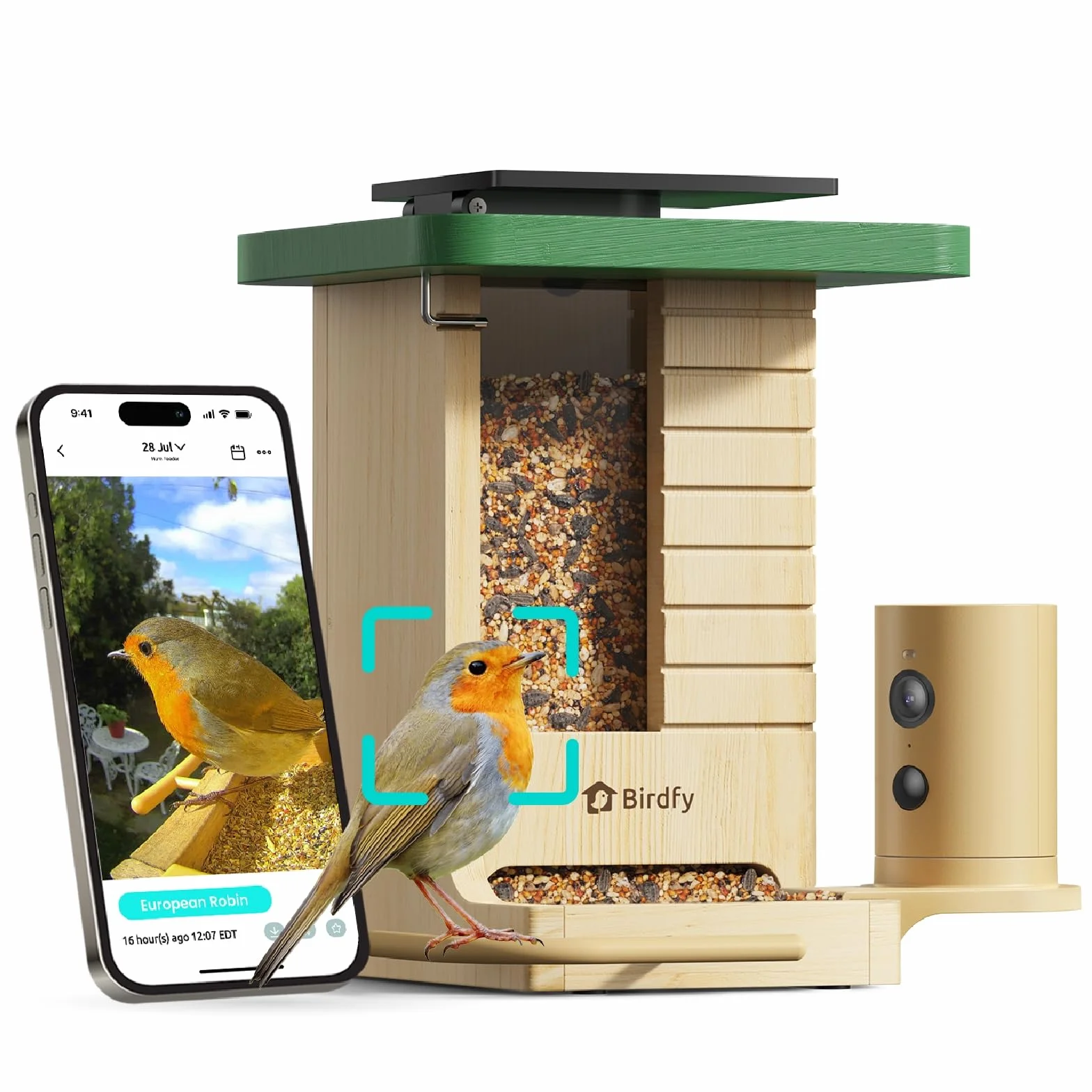 Smartes Vogelfutterhaus mit Kamera, Birdfy VogelFutterspender aus Holz, solarbetrieben, KI-Erkennung für 6000+ Vogelarten, 1080P Hochformat, wetterfest, App Live-Ansicht, YouTube&Facebook Streaming