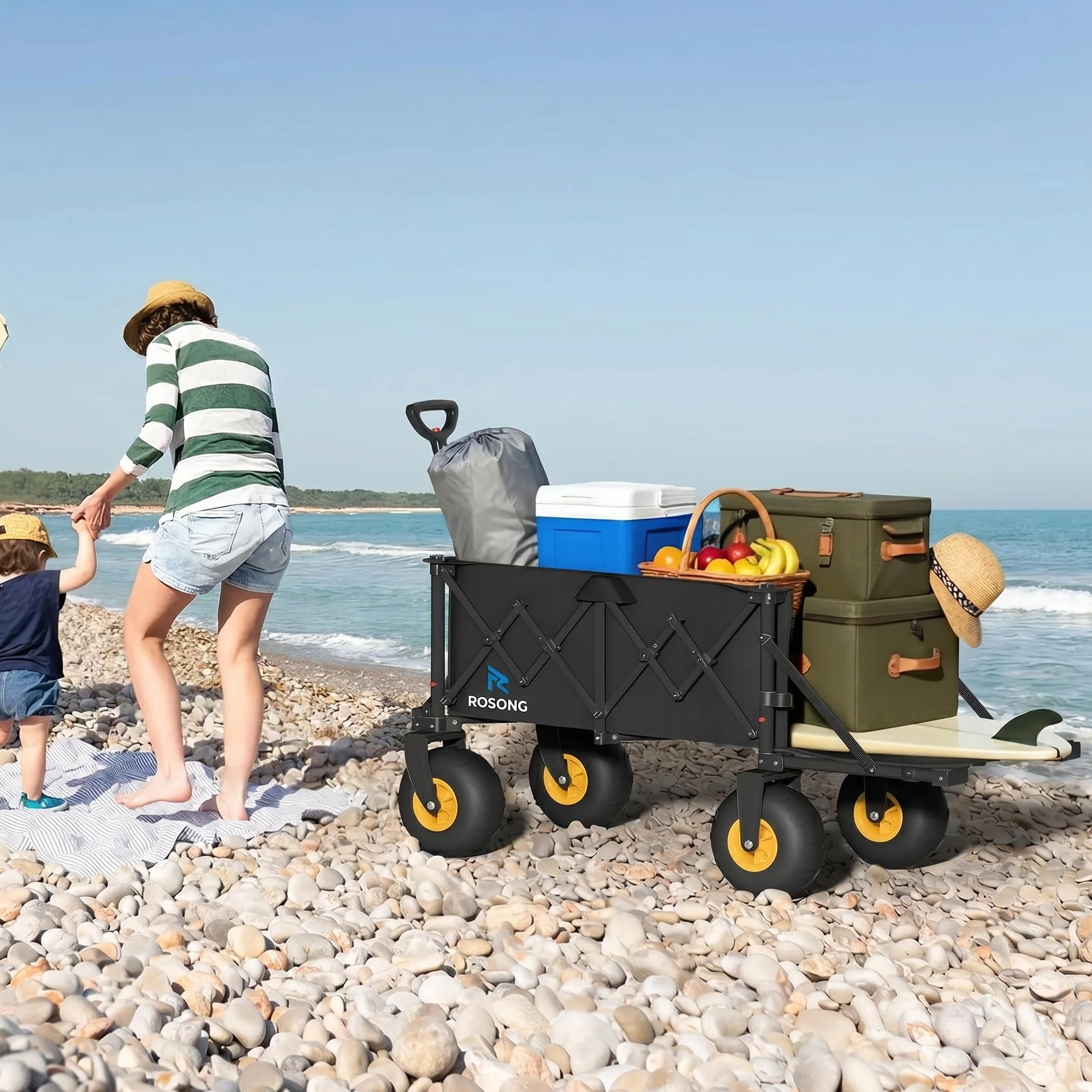 ROSONG Bollerwagen Faltbar, Klappbarer Bollerwagen Strand Mit Heckklappe, Strandwagen mit Breiten Reifen für Sand, Transportwagen für Garten Camping Familie Schwarz