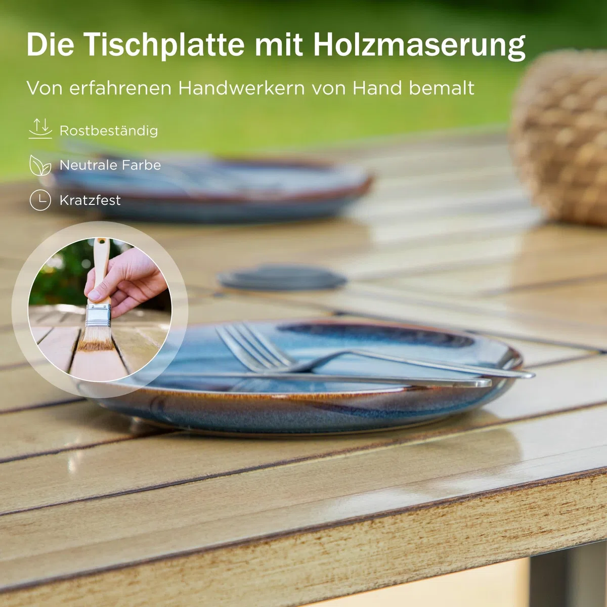 PHI VILLA Gartentisch mit Schirmloch Terrassentisch Gartentische Wetterfester 152x92x73cm Rechteckiger Outdoor Tisch mit Holzähnlicher Metall Tischplatte 4cm Schirmloch für Terrasse Bistro Garten