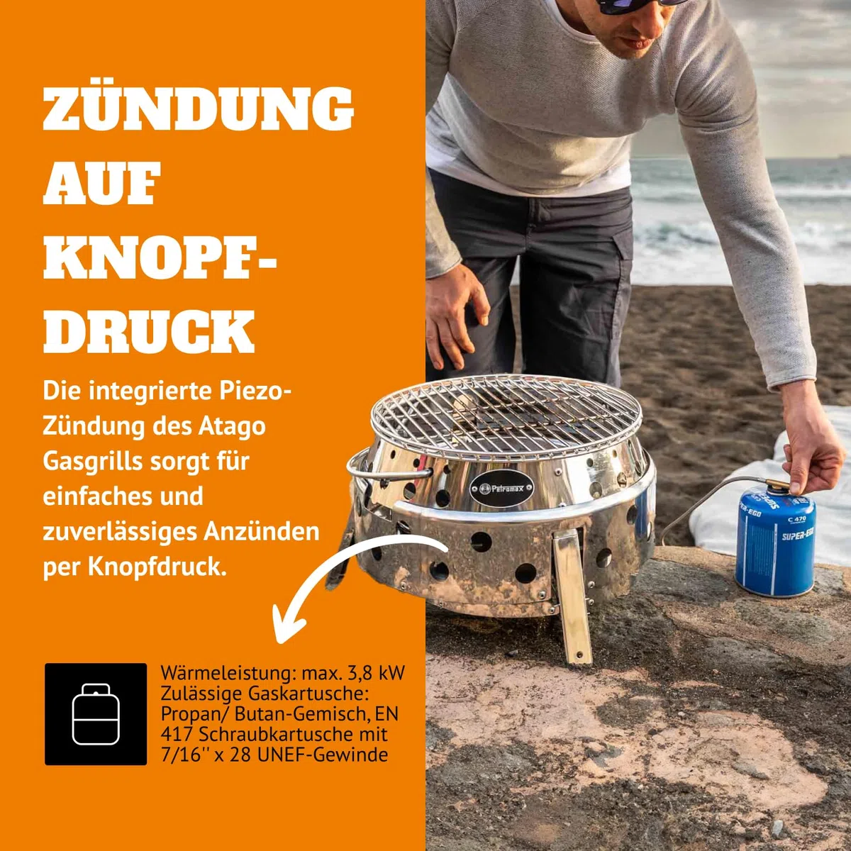 Petromax Atago Gasgrill - Tischgrill für den Einsatz beim Camping, im Garten oder Balkon - ideal zum Grillen, als Ofen oder Feuerschale - Picknick Grill mit Grillrost und Piezo-Zündung - Edelstahl