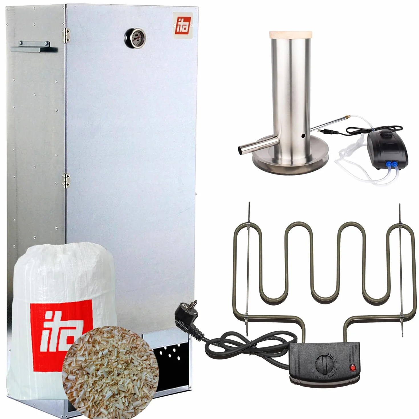 ITA Elektrischer Räucherofen 7003 - Smoker Set mit Heizung, Rauchgenerator - XL Räucherschrank mit Thermometer - Legierter Stahl - EU Qualität, Direkt vom Hersteller - 111 cm mit 4 Etagen