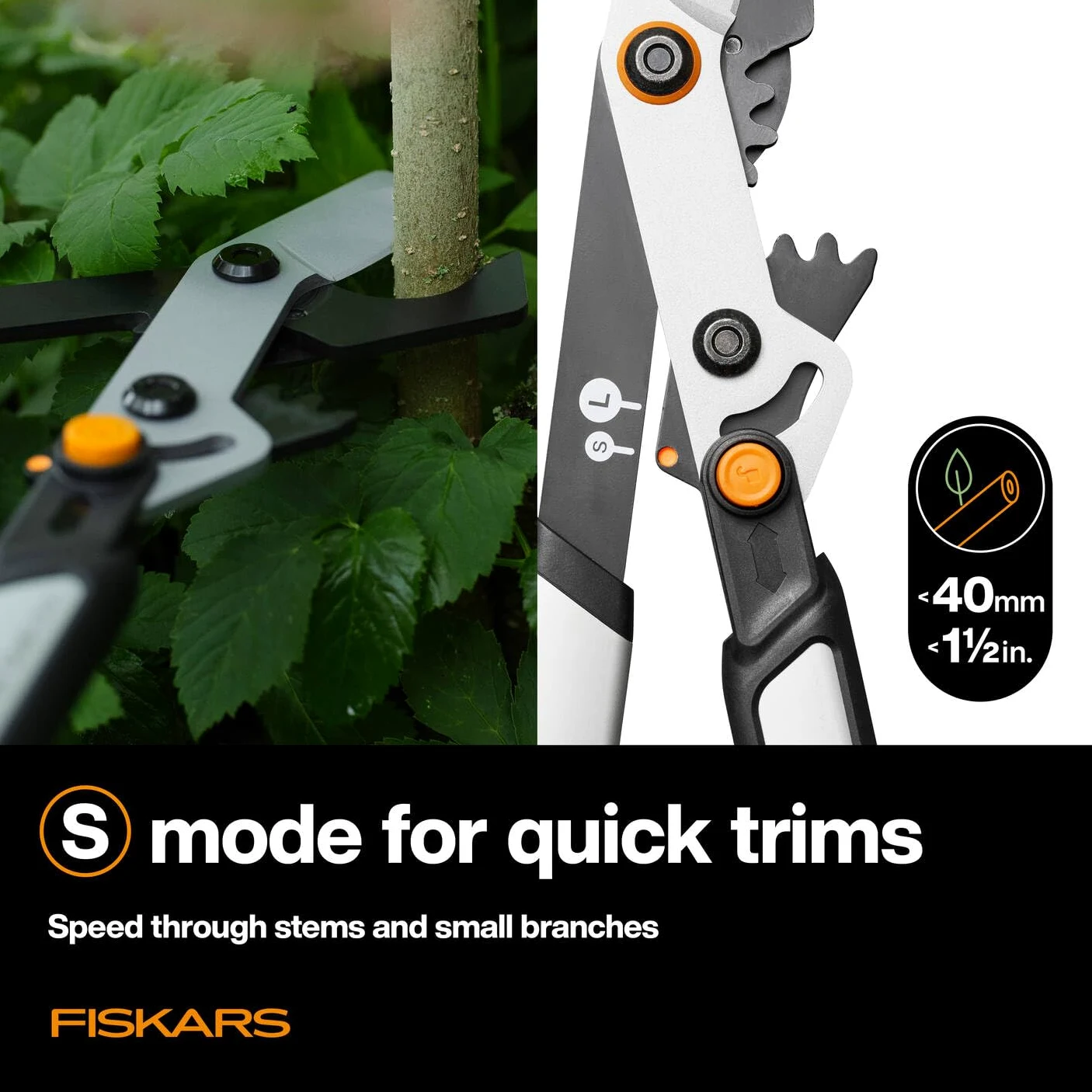 Fiskars X-series DualAction Astschere Bypass LX108, 2-in-1-Modus für schnelle oder kraftvolle Schnitte, Antihaftbeschichtete Stahlklingen/Leichte Aluminiumarme mit SoftGrip, Schwarz/Orange, 1080133