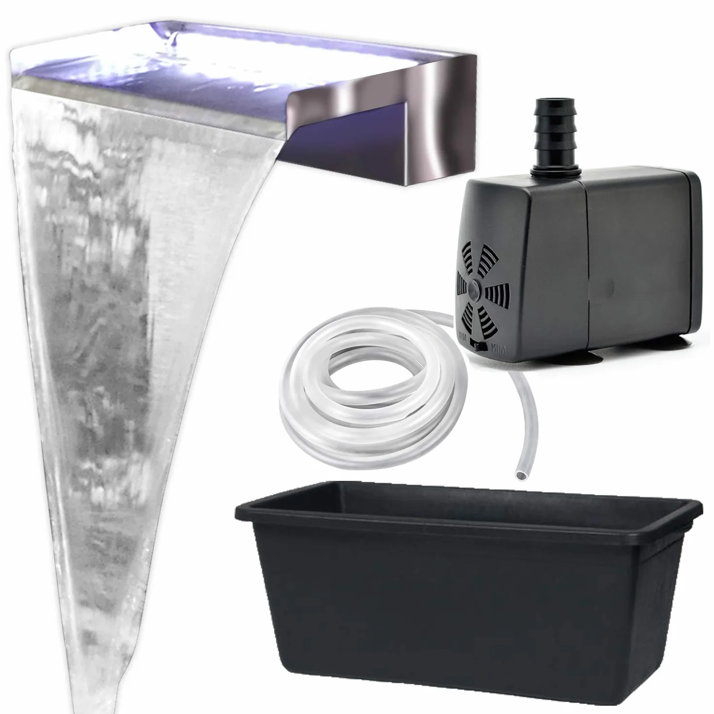 Köhko Wasserfall-Set Akaka Edelstahl matt 60 cm Komplett-Set inkl. Pumpe und Becken 90 Liter