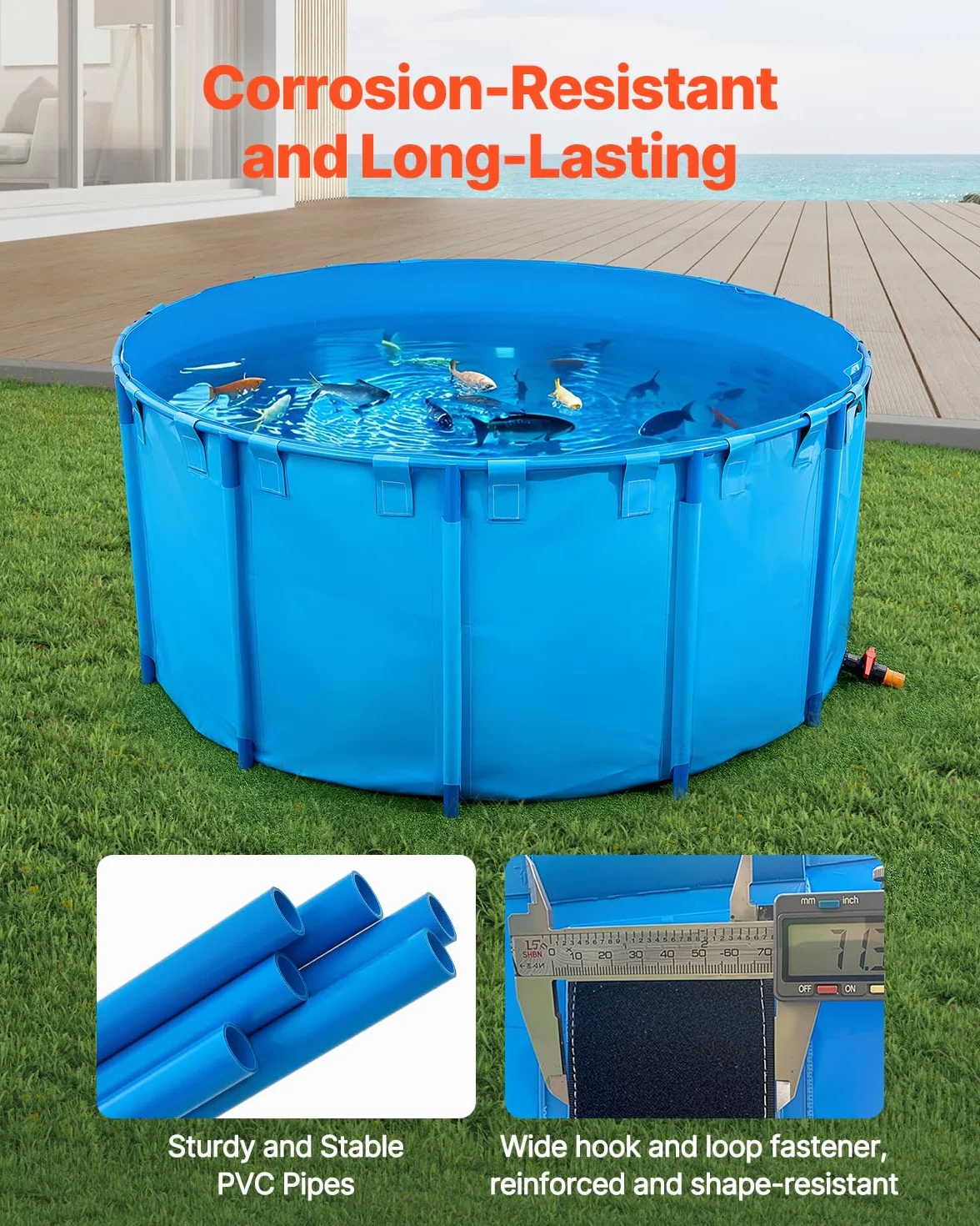 VEVOR Fischteich aus PVC, Fischteich mit 4550 L Fassungsvermögen, faltbares Koi-Aquarium, rundes Fischbecken mit stabilem Rahmen & Ablassventil, für Aquakultur, Koi-Zucht & Bewässerung (blau)