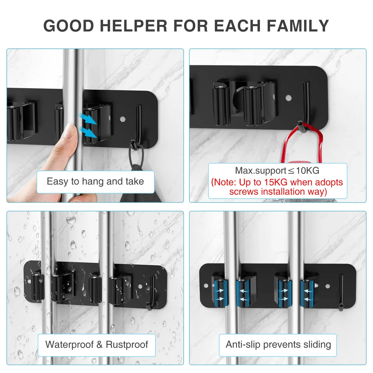 homeasy Besenhalterung Wand 2 Stück Besenhalter Selbstklebend Edelstahl Gerätehalter Ohne Bohren Mop Halter Werkzeughalter Organizer mit Haken und 2 Halter für Küche Badezimmer Garten Balkon