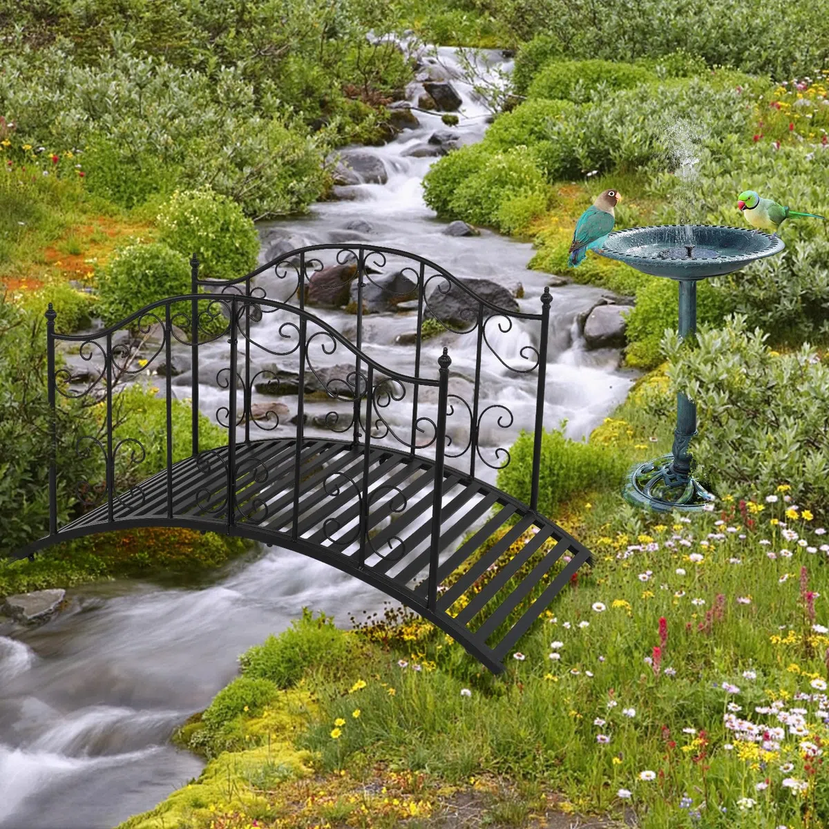 Bonnlo Gartenbrücke Metall 120cm, Teichbrücke mit kunstvoll gemustertem Geländer, Brücke Stabil und Wetterfest, bis 204 kg belastbar, Zierbrücke für Garten, Teich und Bach,Schwarz