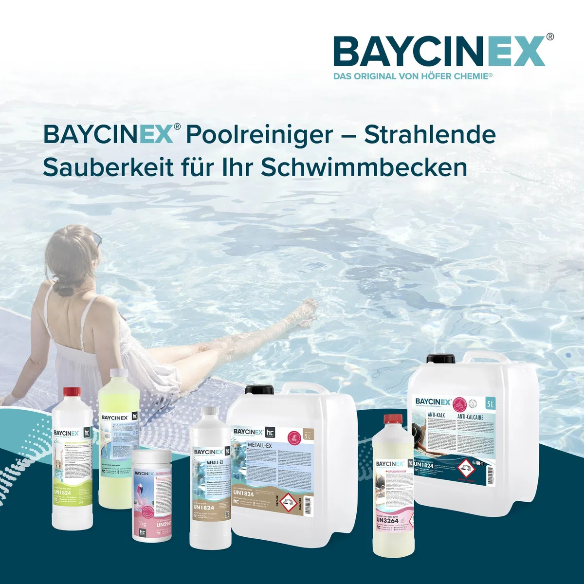 BAYCINEX Anti-Kalk Pool 5 L – Starker Pool Entkalker gegen Kalkablagerungen – Für Poolboden, Wände & Technik – Entfernt Kalk im gefüllten Pool – Kompatibel mit Allen Filtersystemen