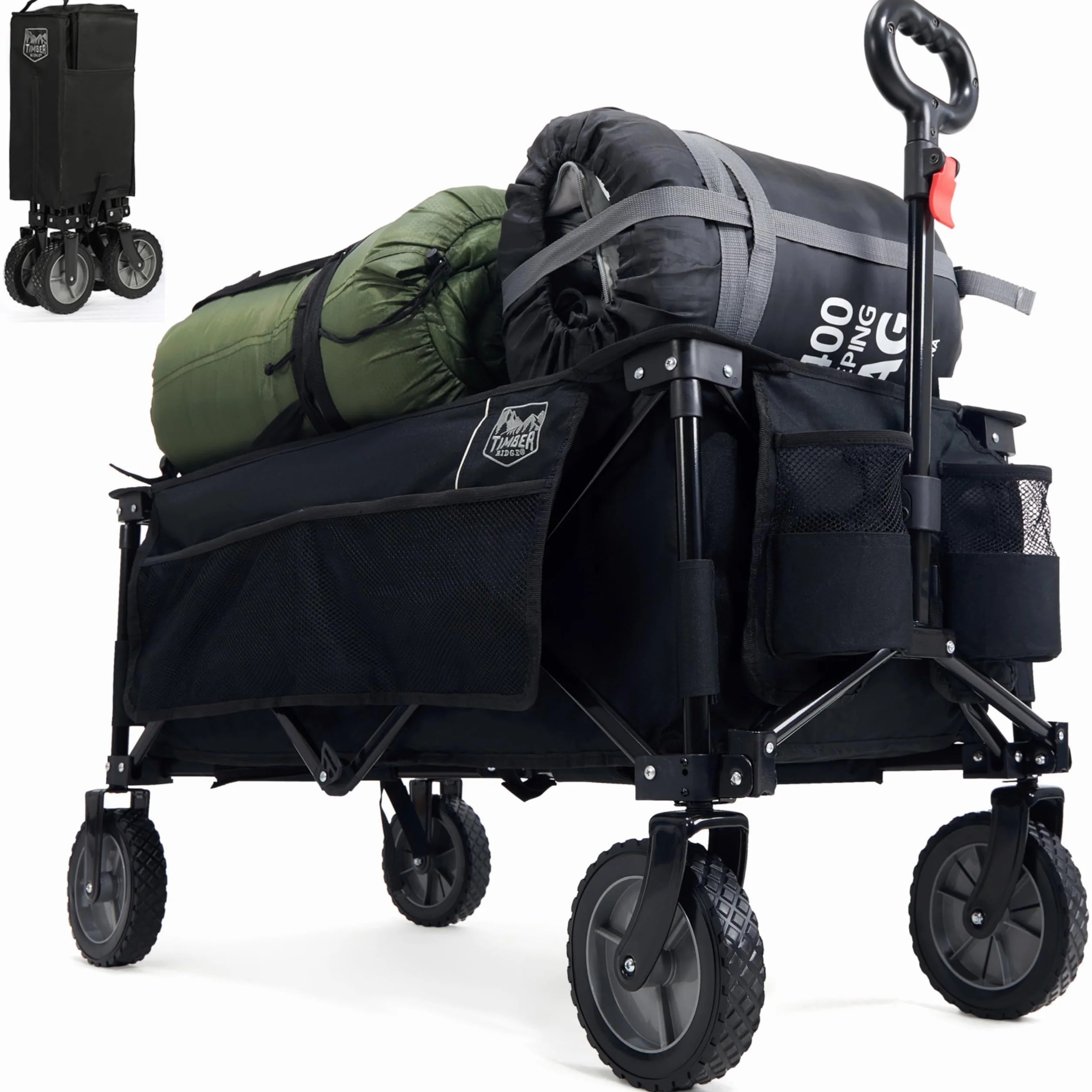 TIMBER RIDGE XXL Bollerwagen Faltbar Transportwagen mit Seitentasche Getränkehalter verstellbarem Griff, Gartenwagen für Alle Gelände, Draussen Camping Einkaufen