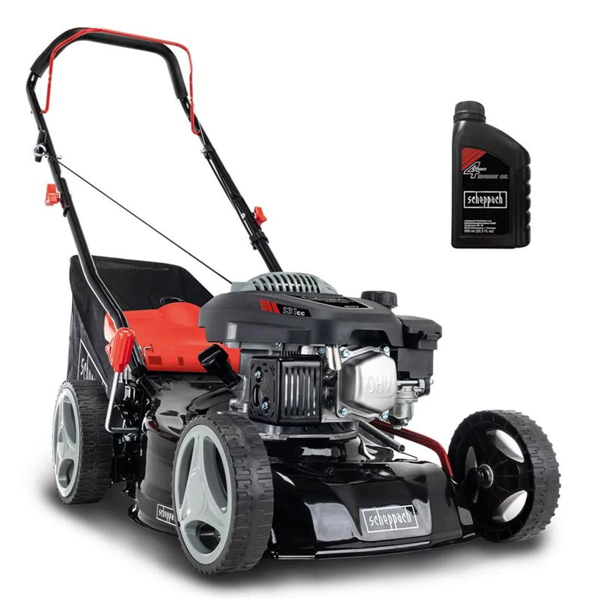 Scheppach Rasenmäher RM420 | 3in1-3,4PS | Schnittbreite 420mm | 45L Fangkorb | Schnitthöhenverstellung 25-75 mm | inkl. Motoröl