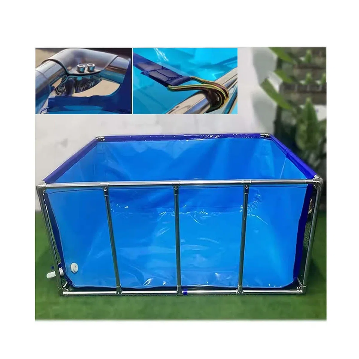 Großes faltbares Aquarium mit Metallhalterung, transparentes Sichtfenster für Koi-Fischteich, einfach zu installieren, blau + transparent, 150 x 100 x 60 cm.