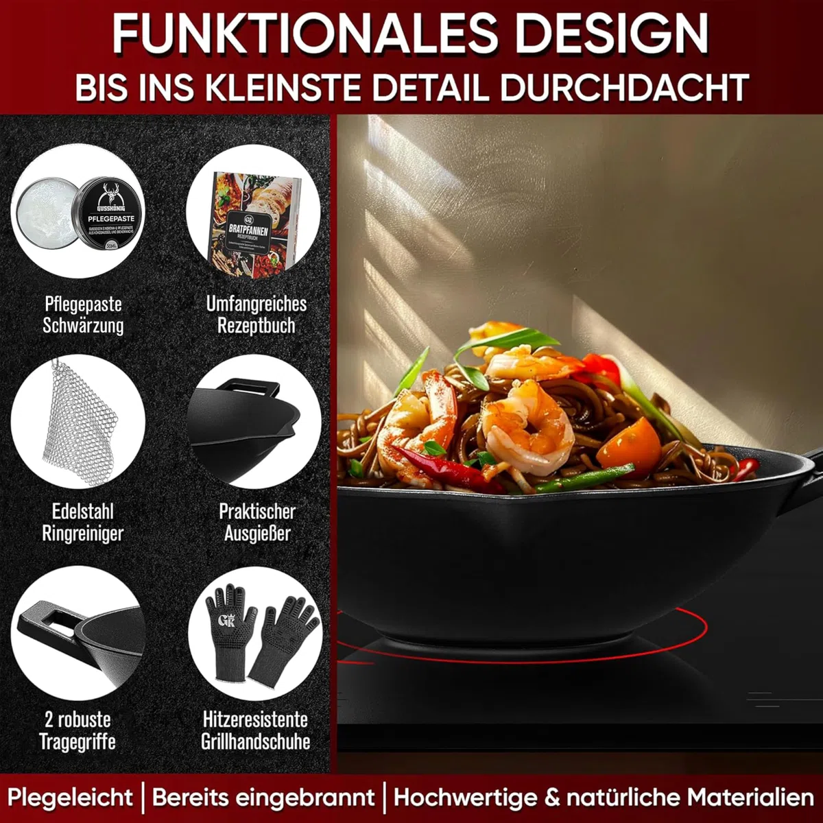 GUSSKÖNIG Gusseisen Wok Pfanne - 35 cm robuste Wokpfanne für Gasgrill, Herd, Ofen und Lagerfeuer- Gusseisen Wokpfanne inkl. Pflegepaste, Ringreiniger, Grillhandschuhe & Rezeptbuch - 30 Jahre Garantie