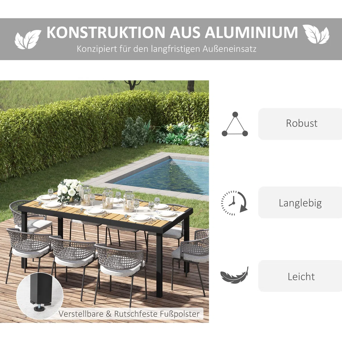 Outsunny Gartentisch für 6 Personen Esstisch Aluminiumtisch Gartenmöbel Loungemöbel pflegeleicht Kunststoff Natur+Schwarz 190 x 90 x 74 cm