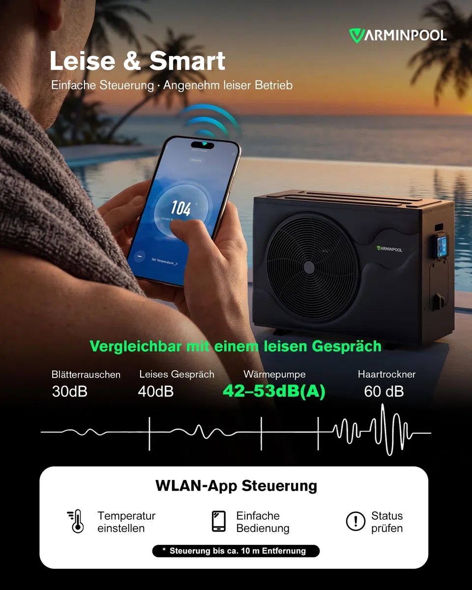 Pool Wärmepumpe bis 12 kW für Pools bis 45.000 L, Inverter Poolheizung elektrisch mit Heiz- & Kühlfunktion, COP bis 13,0, leise 42–53 dB(A), R32, DN50, IPX4, für Gartenpool Aufstellpool