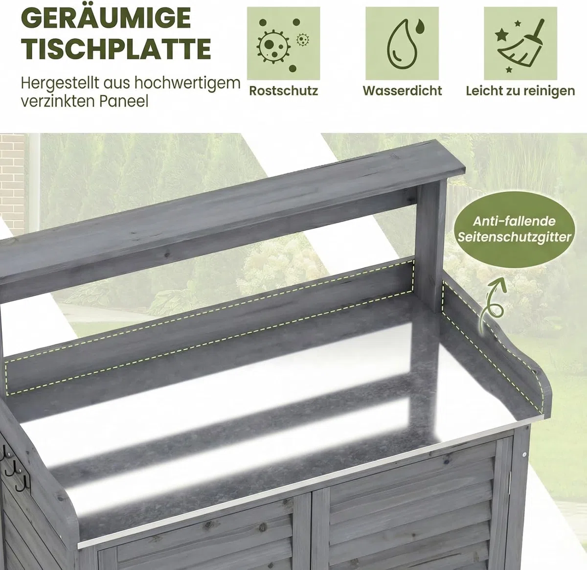 RELAX4LIFE Pflanztisch Outdoor, Gartentisch Holz mit Unterschrank, Verzinkter Arbeitsplatte, Abnehmbaren Regalen & Haken, Arbeitstisch wetterfest für Garten, Hof, Terrasse, 87 x 45 x 120 cm, Grau