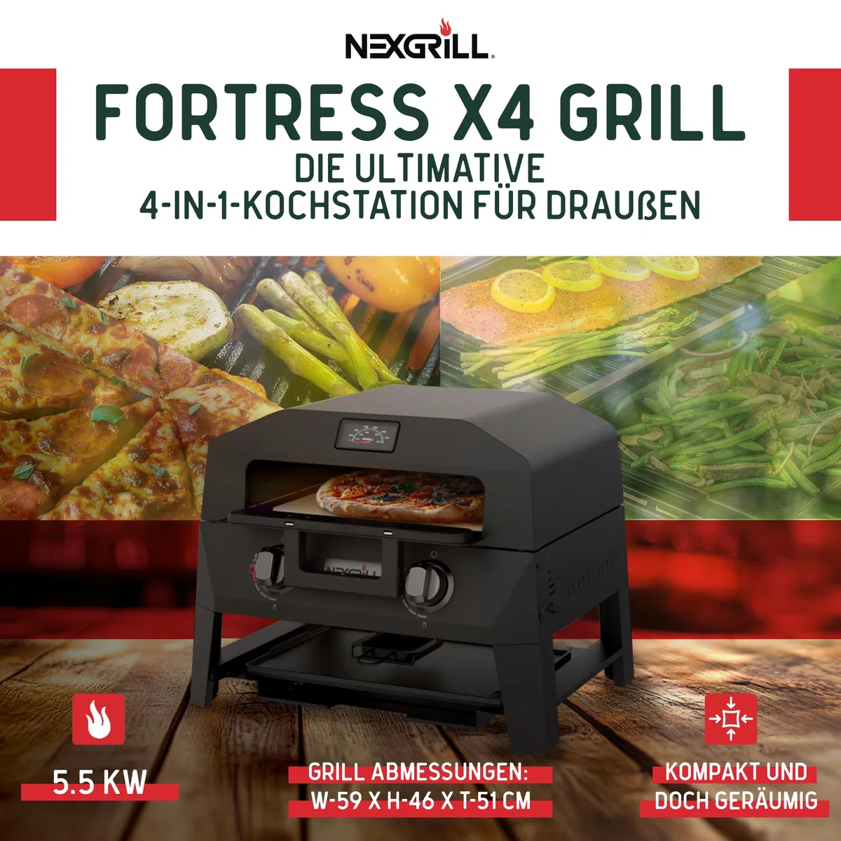 Nexgrill 4-in-1 Gasgrill/Tischgrill mit 2 Brennern, Pizzaofen-Funktion, Cordierit-Pizzastein & Wende-Grillplatte – Kompakter Outdoorgrill aus Stahl mit Stauraum für Zubehör