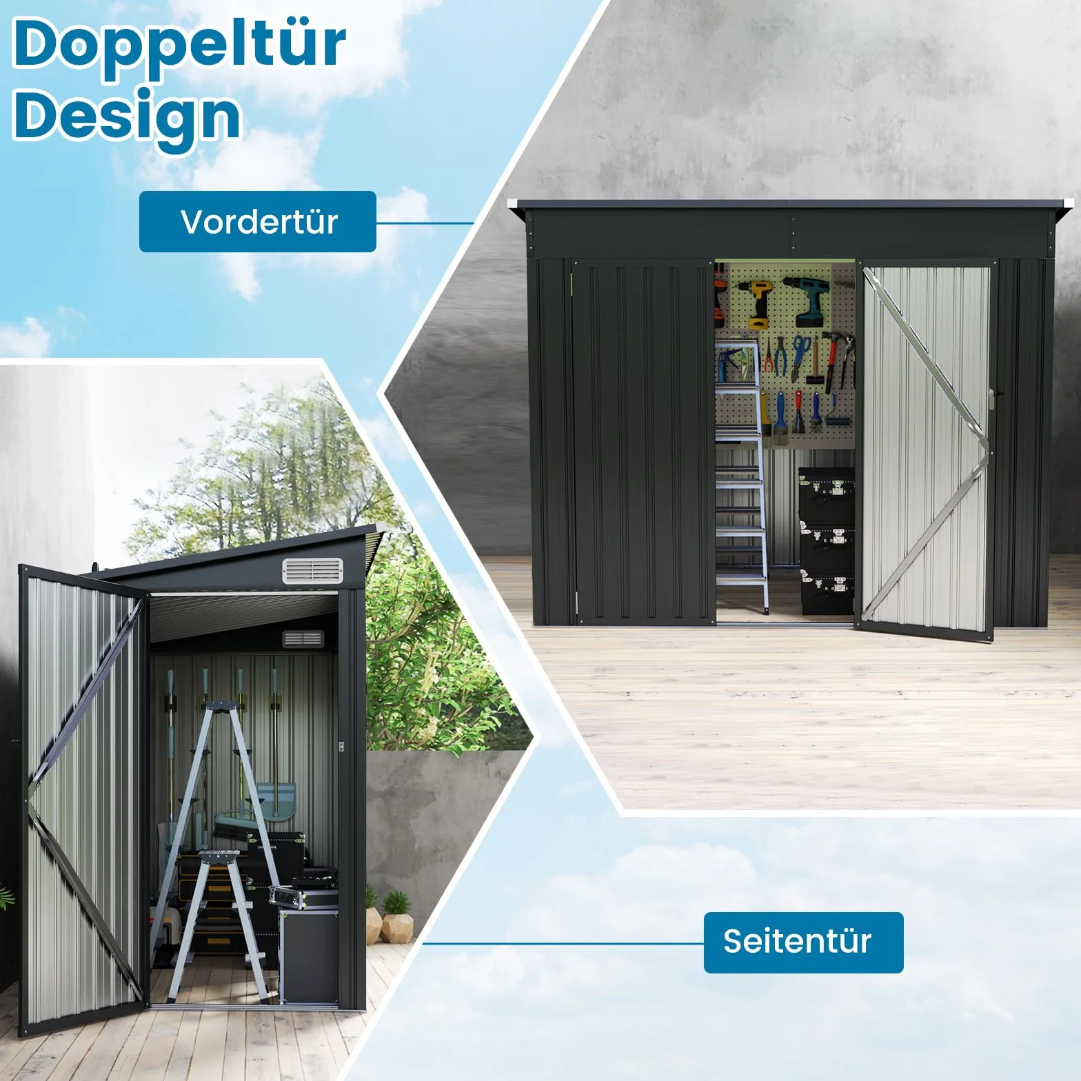 COSTWAY Gartenhaus Metall, 235 x 117 x 185 cm, Gerätehaus mit Vordertür & Seitentür & Pultdach, Geräteschuppen abschließbar, Gartenhütte Gartenschuppen, Garten Schuppen Outdoor (Dunkelgrau)
