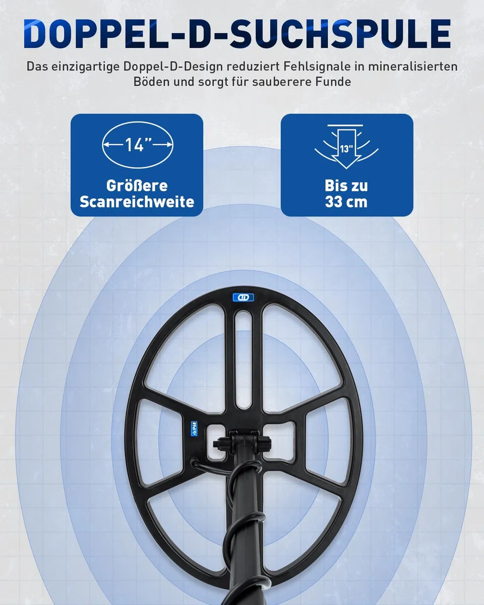 Hazlewolke Metalldetektor Professional, 14'' wasserdichte & Breiterer Scanbereich DD-Suchspule, Metal Detector mit Pinpoint-Modus, 33 cm Suchtiefe, 4 Modi, Gold Detektor für Erwachsene
