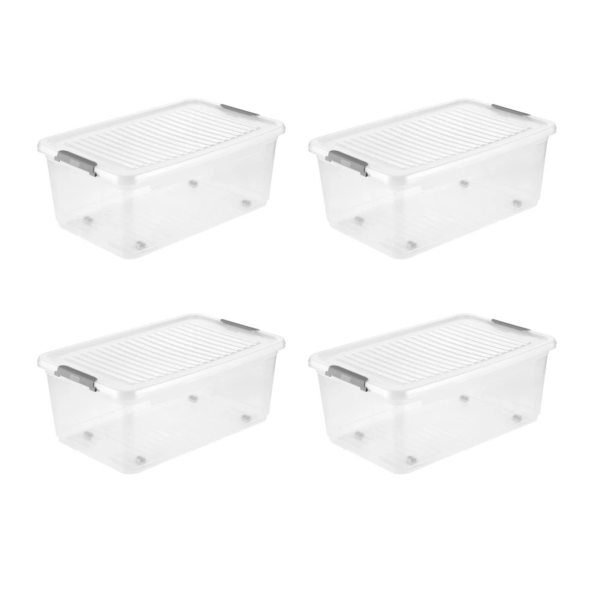 Keeeper Leo 4x Aufbewahrungsbox mit Deckel und Rollen, 37 L, 59 x 38 x 24 cm, Clipbox, Transparent