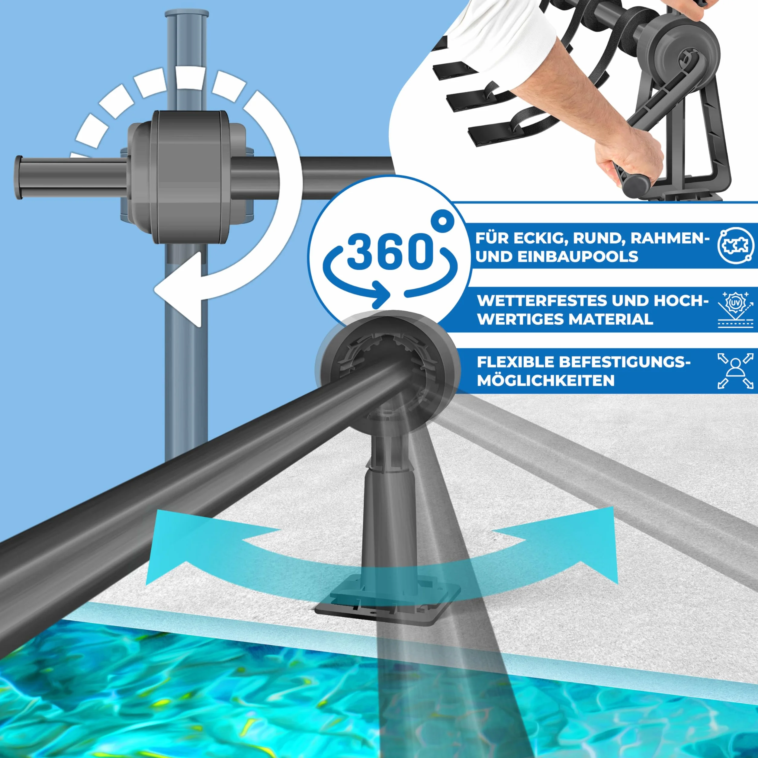 KESSER® Pool Aufroller Premium Aufrollsystem 1,05m - 6,15 m für Solarplane | mobiles Aufrollvorrichtung für Poolplane & Abdeckung inkl. Bänder, Bürste & Handschuhe | witterungsbeständiges Material
