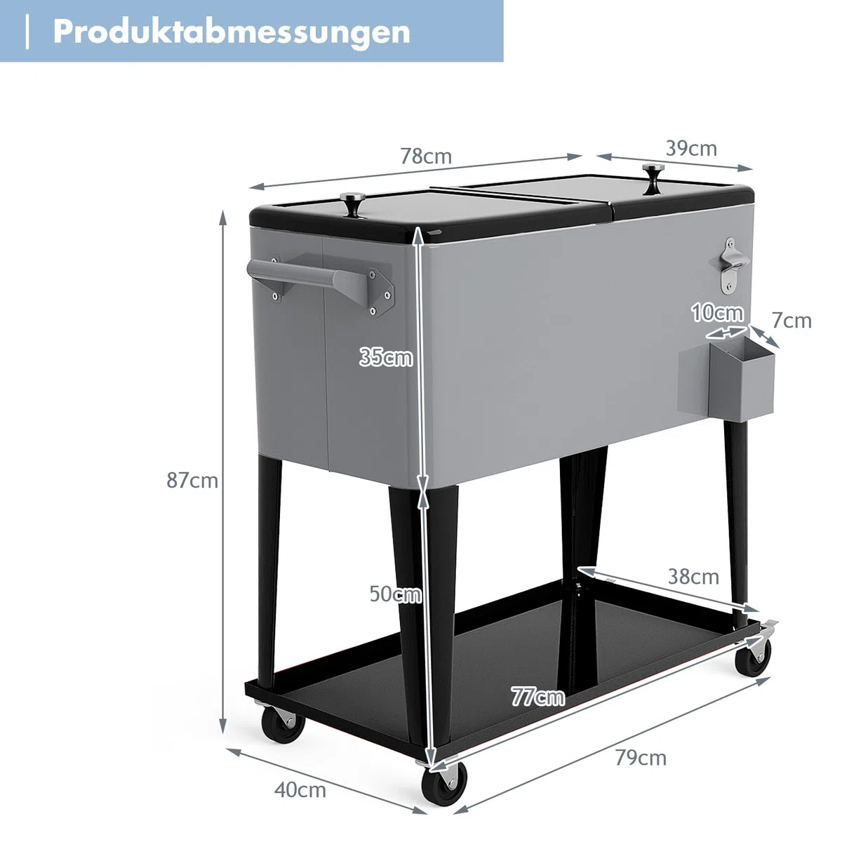 COSTWAY 76L Kühlwagen Beistellwagen, Servierwagen Kühlbox mit Rädern und Ablagefläche, Kühlbehälter Getränkewagen, Getränkekühler inkl. Flaschenöffner für Outdoor Terrassen Party (Silber)